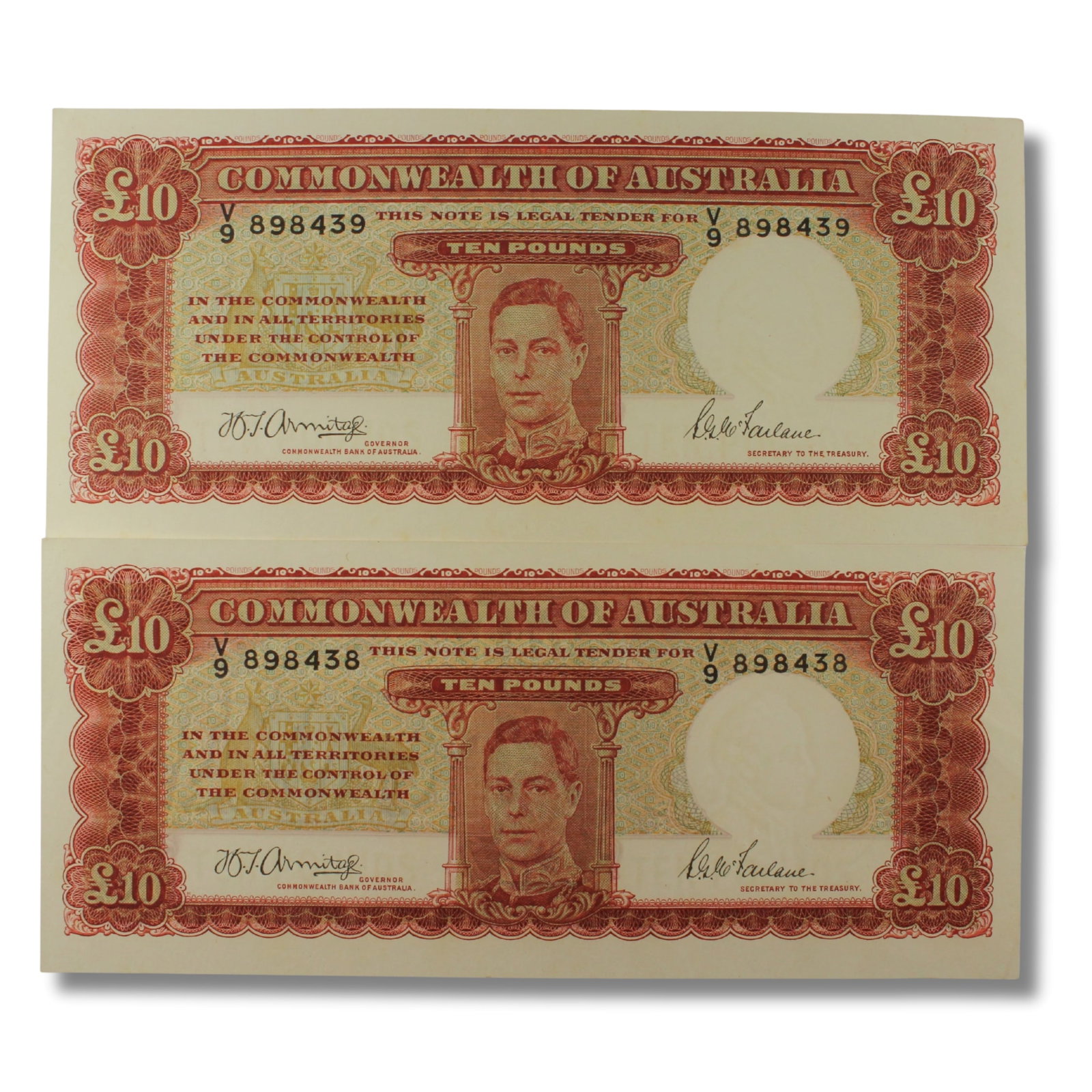 Australia 'Armitage - McFarlane' £10's (1943), Uncirculated OPQ (Consecutive Pair): Renniks# 59 : Serial# V9 898438-9 Condition O(riginal) P(aper) Q(uality) Medium Coins, Monies & Stamps Exhibited Paper Money, Australia & New Zealand