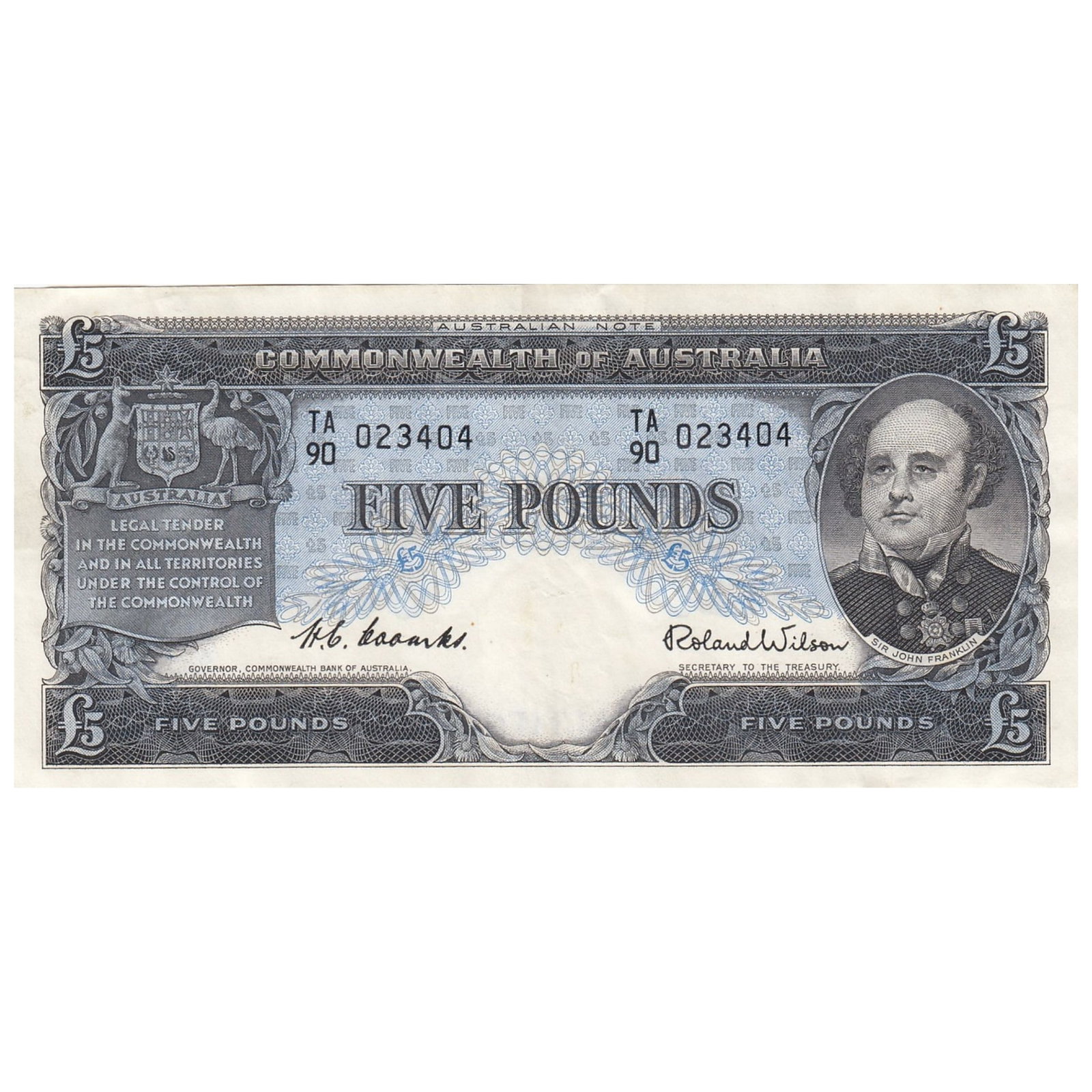 Australia 'Coombs - Wilson' Commonwealth £5 (1954), Extremely Fine OPQ: Renniks# 50 : Serial# TA/90 023404 Condition O(riginal) P(aper) Q(uality) Medium Coins, Monies & Stamps