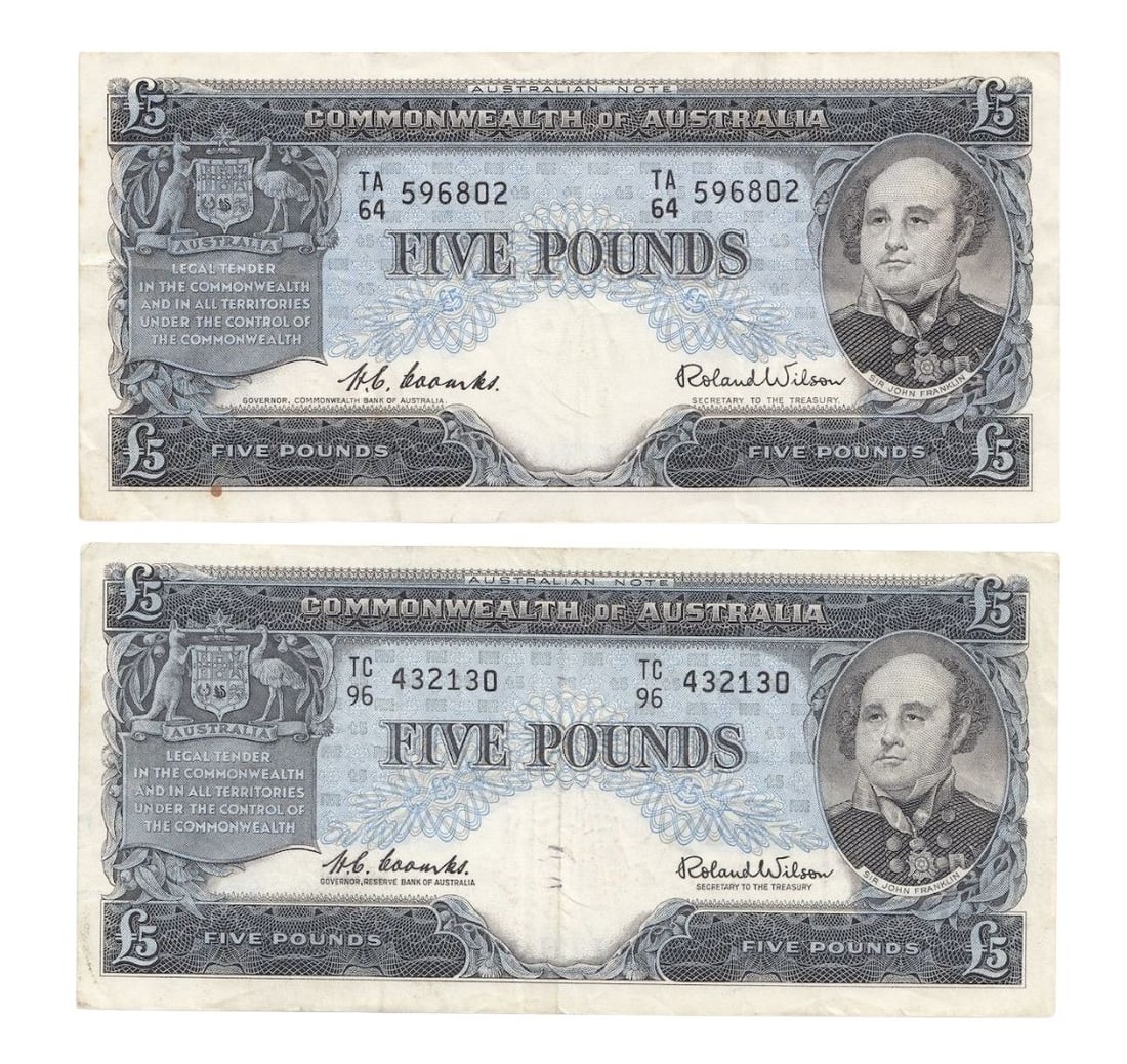 Australia 'Coombs - Wilson' Commonwealth & Reserve £5, Crisp good Very Fine (2 notes): Renniks# 49 & 50 : Serial# TA/64 596802 & TC/96 432130 Medium Coins, Monies & Stamps