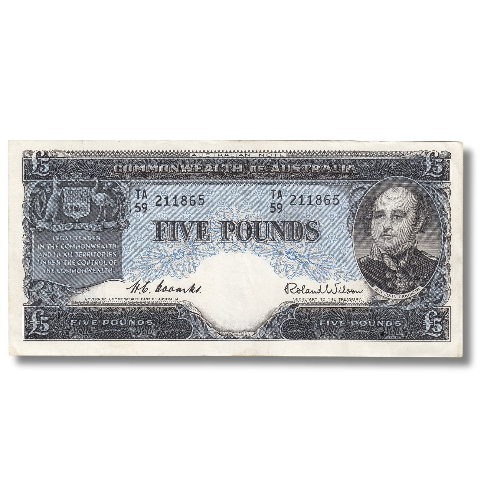 Australia 'Coombs - Wilson' C of A £5 (1954), good Extremely Fine or better OPQ: Renniks# 49 : Serial# TA/59 211865 Condition O(riginal) P(aper) Q(uality) Medium Coins, Monies & Stamps Exhibited Paper Money, Australia & New Zealand