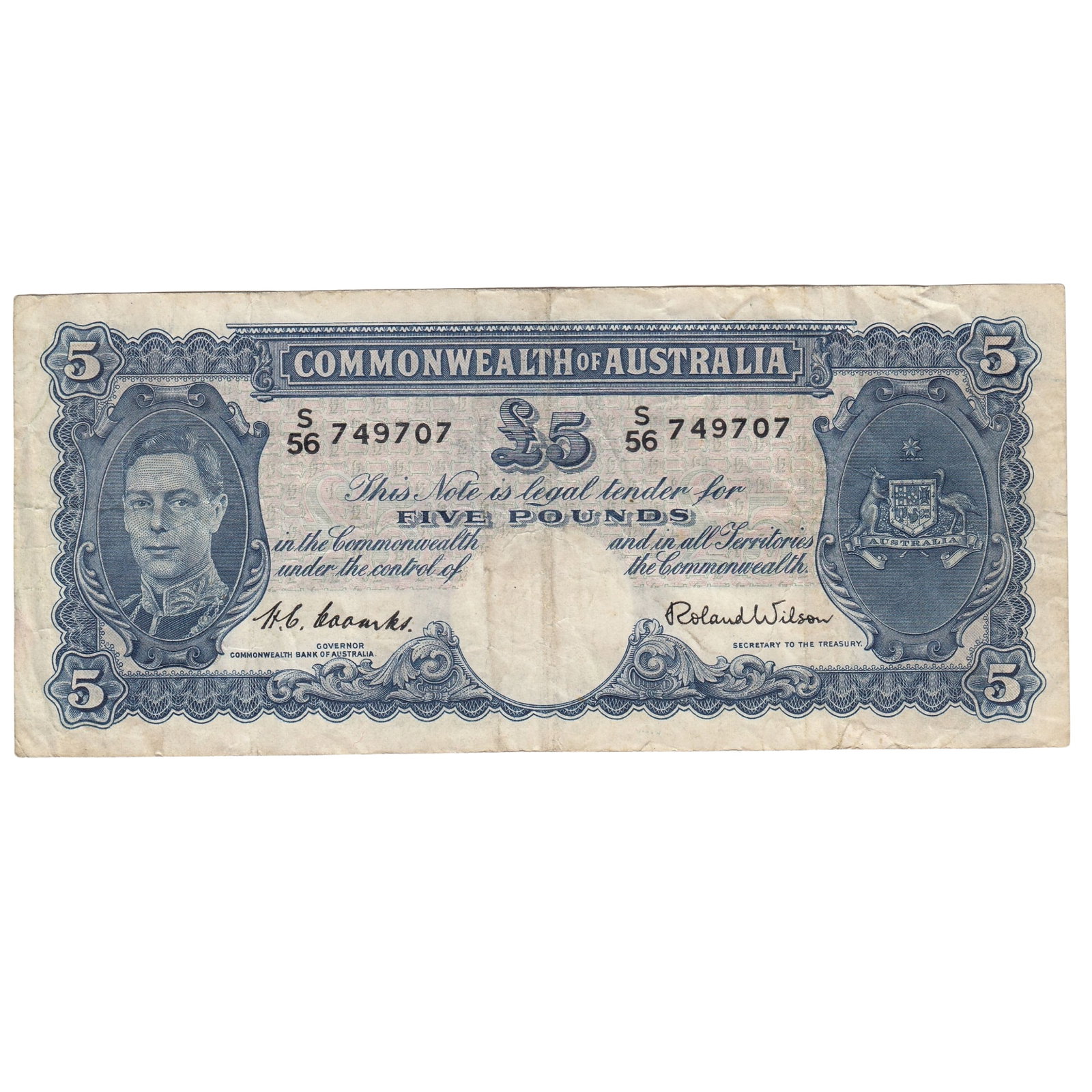 Australia 'Coombs - Wilson' George VI £5 (1952), Very Fine: Renniks# 48 : Serial# S/56 749707 Medium Coins, Monies & Stamps Exhibited Paper Money, Australia & New Zealand