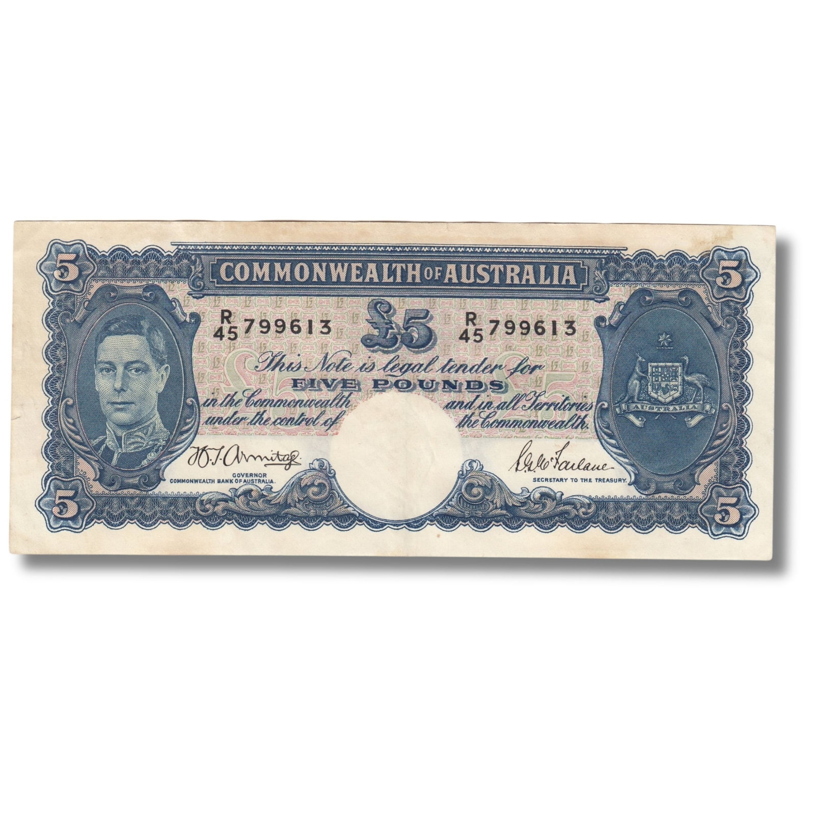 Australia 'Armitage - McFarlane' £5 (1941), good Extremely Fine: Renniks# 46 : Serial# R/45 799613 Condition Light toning on top edge Medium Coins, Monies & Stamps Exhibited Paper Money, Australia & New Zealand