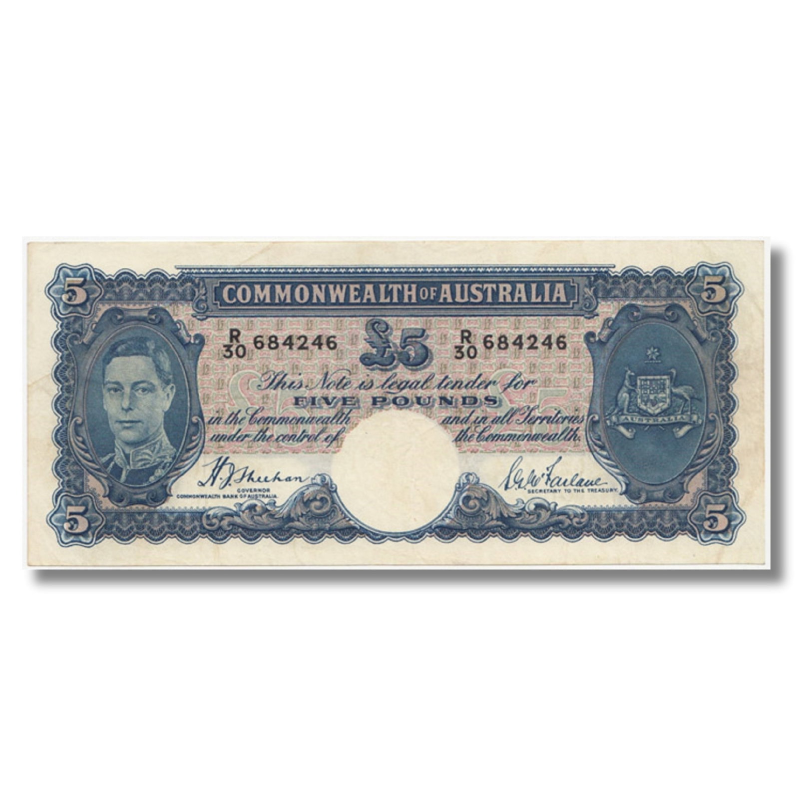Australia 'Sheehan - McFarlane' £5 (1939), about Extremely Fine: Renniks# 45 : Serial# R/30 684246 Condition Flattened Medium Coins, Monies & Stamps Exhibited Paper Money, Australia & New Zealand