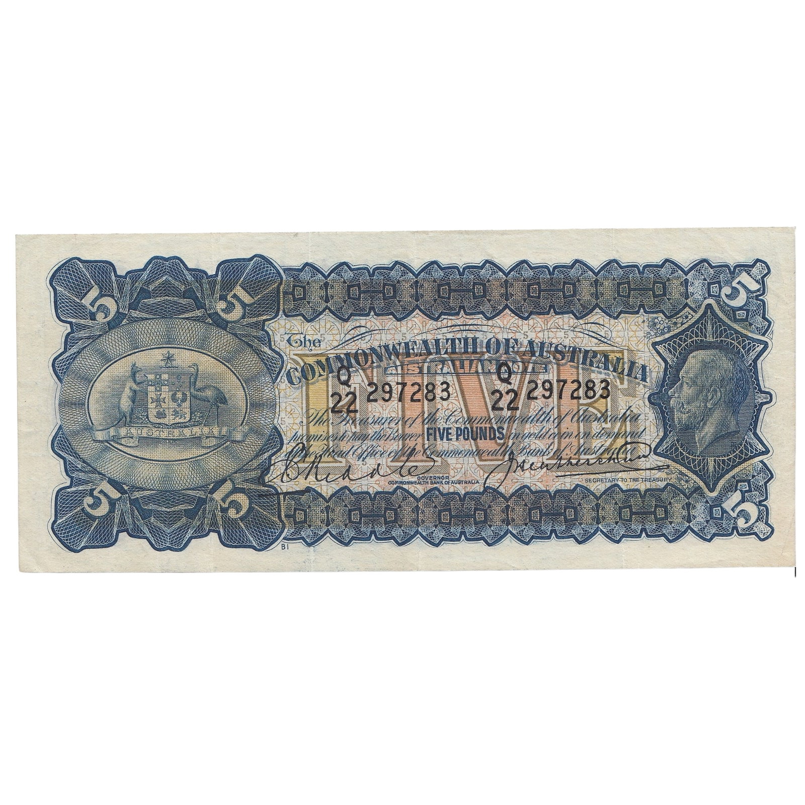 Australia 'Riddle - Heathershaw' George V 'Commonwealth' £5 (1927), Crisp good Very Fine: Renniks# 42 : Serial# Q/22 297283 Medium Coins, Monies & Stamps Exhibited Paper Money, Australia & New Zealand