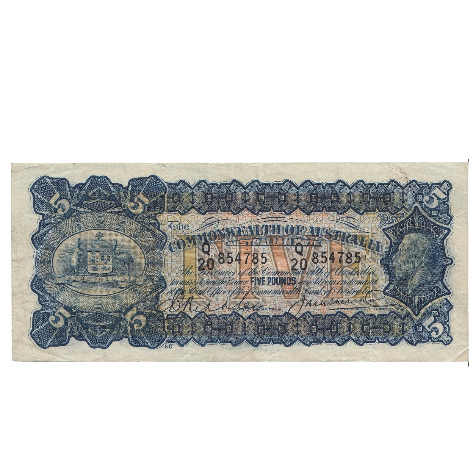 Australia 'Riddle - Heathershaw' George V 'Commonwealth' £5 (1927), Crisp good Very Fine: Renniks# 42 : Serial# Q/20 854785 Condition Crisp Paper Medium Coins, Monies & Stamps Exhibited Paper Money, Australia & New Zealand