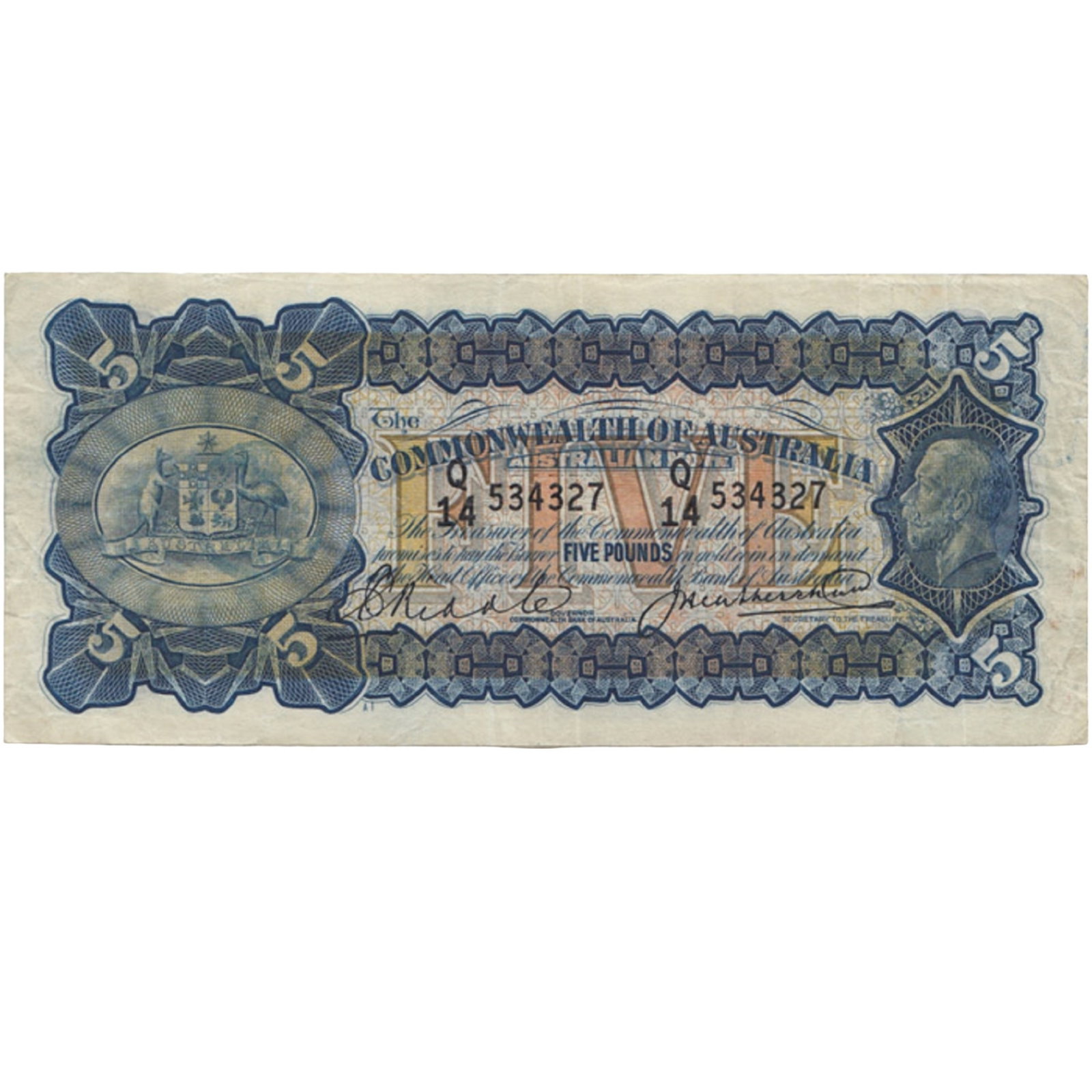 Australia 'Riddle - Heathershaw' George V 'Commonwealth' £5 (1927), Crisp good Very Fine: Renniks# 42 : Serial# Q/14 534327 Condition Crisp Paper Medium Coins, Monies & Stamps Exhibited Paper Money, Australia & New Zealand
