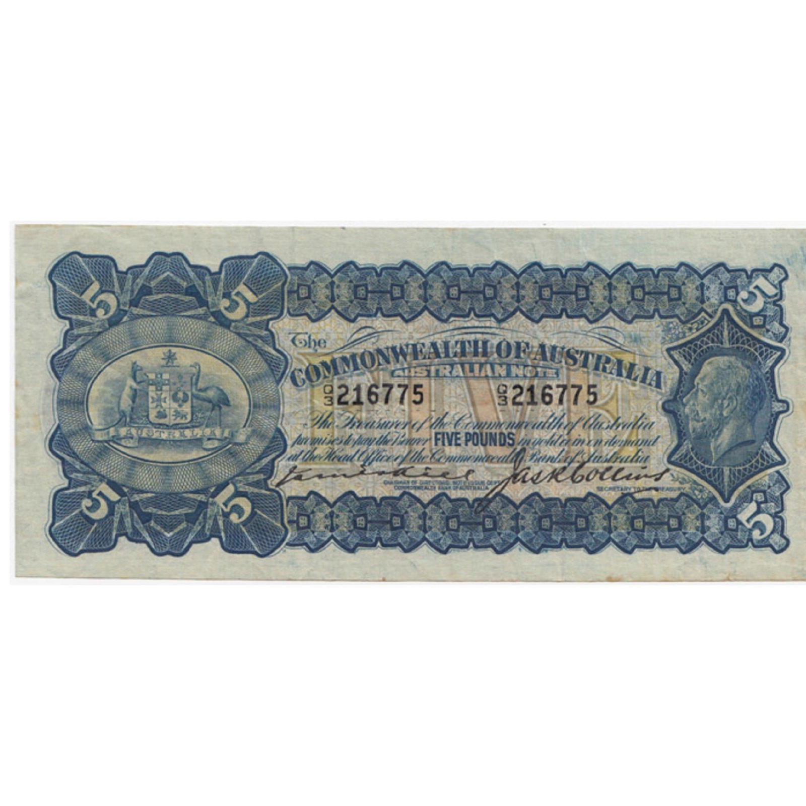 Australia 'Kell - Collins' £5 (1924), PCGS 30 (In our opinion it is near Extremely Fine with OP: Renniks# 38 : Serial# Q/3 216775 Condition O(riginal) P(aper) Q(uality) Medium Coins, Monies & Stamps