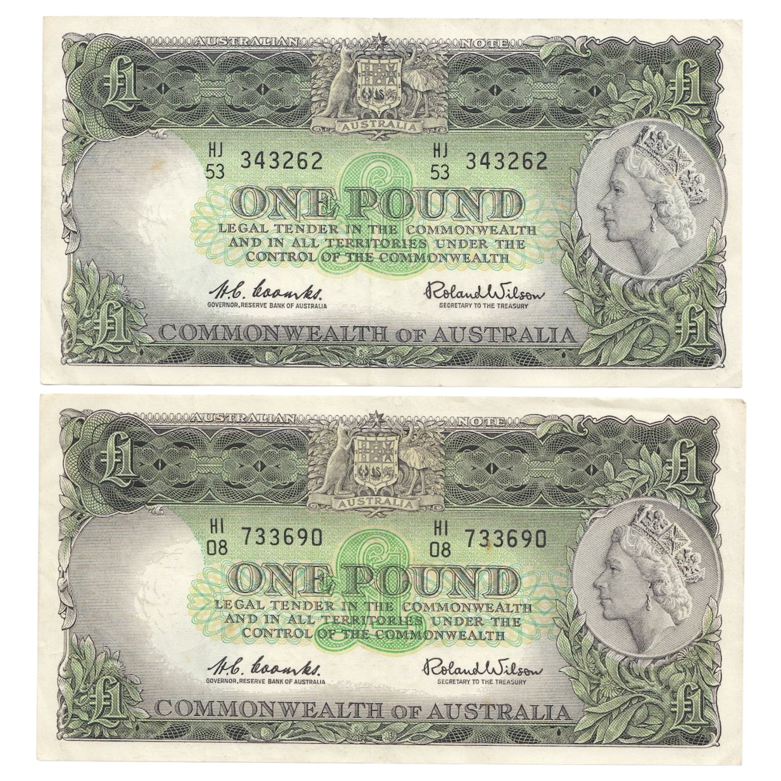 Australia 'Coombs - Wilson £1 (1961), good Very Fine of better (2): Renniks# 34 : Serial# HI /08 733690 & HJ/53 343262 Medium Coins, Monies & Stamps Exhibited Paper Money, Australia & New Zealand