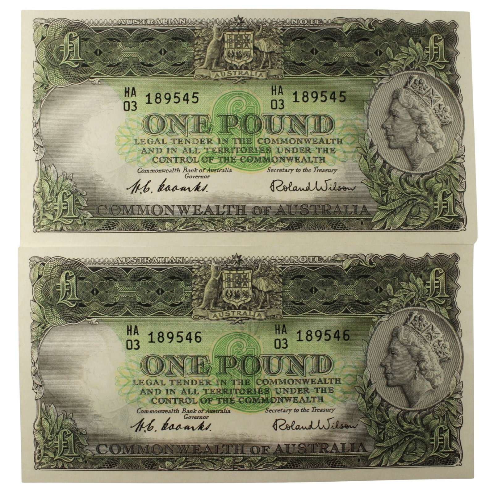 Australia 'Coombs - Wilson' Commonwealth £1's (1953), Uncirculated OPQ (Consecutive Pair): Renniks# 33 : Serial# HA/03 189545-6 Condition O(riginal) P(aper) Q(uality) Medium Coins, Monies & Stamps Exhibited Paper Money, Australia & New Zealand