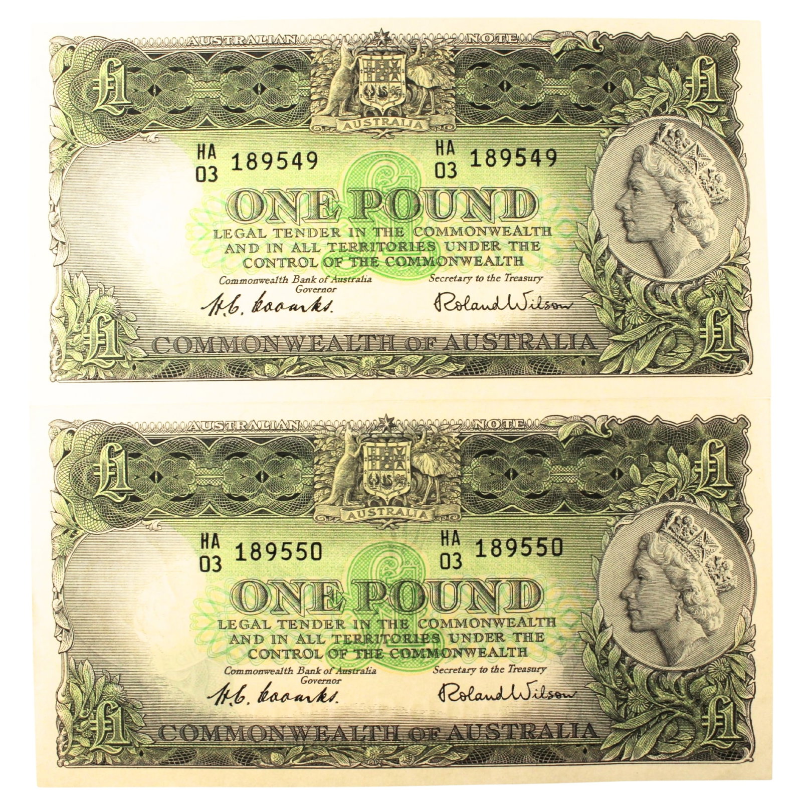 Australia 'Coombs - Wilson' Commonwealth £1's (1953), Uncirculated OPQ (Consecutive Pair): Renniks# 33 : Serial# HA/03 189549-50 Condition O(riginal) P(aper) Q(uality) Medium Coins, Monies & Stamps Exhibited Coins, Australia & New Zealand