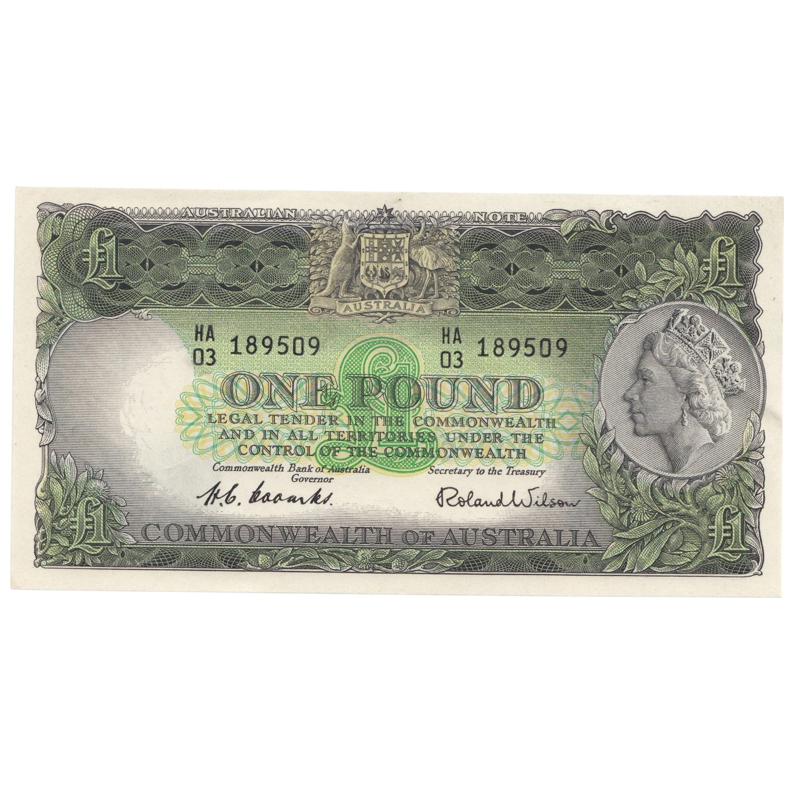 Australia 'Coombs - Wilson' Commonwealth £1 (1953), Uncirculated OPQ: Renniks# 33 : HA03 189509. Issued in the Coronation Year of QEII Medium Coins, Monies & Stamps
