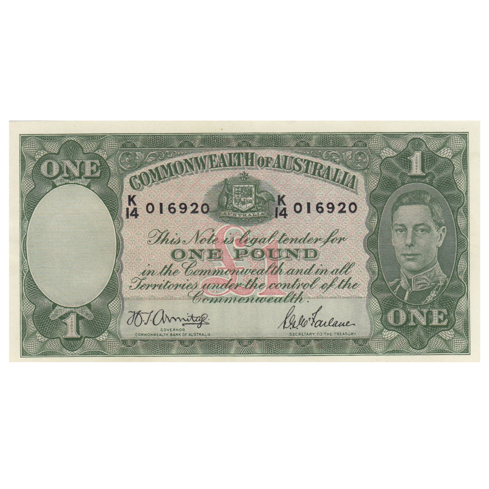 Australia 'Armitage - McFarlane' Light Green £1 (1942), Uncirculated OPQ: Renniks# 30b : Serial# K/14 016920. Condition O(riginal) P(aper) Q(uality) Medium Coins, Monies & Stamps Exhibited Paper Money, Australia & New Zealand