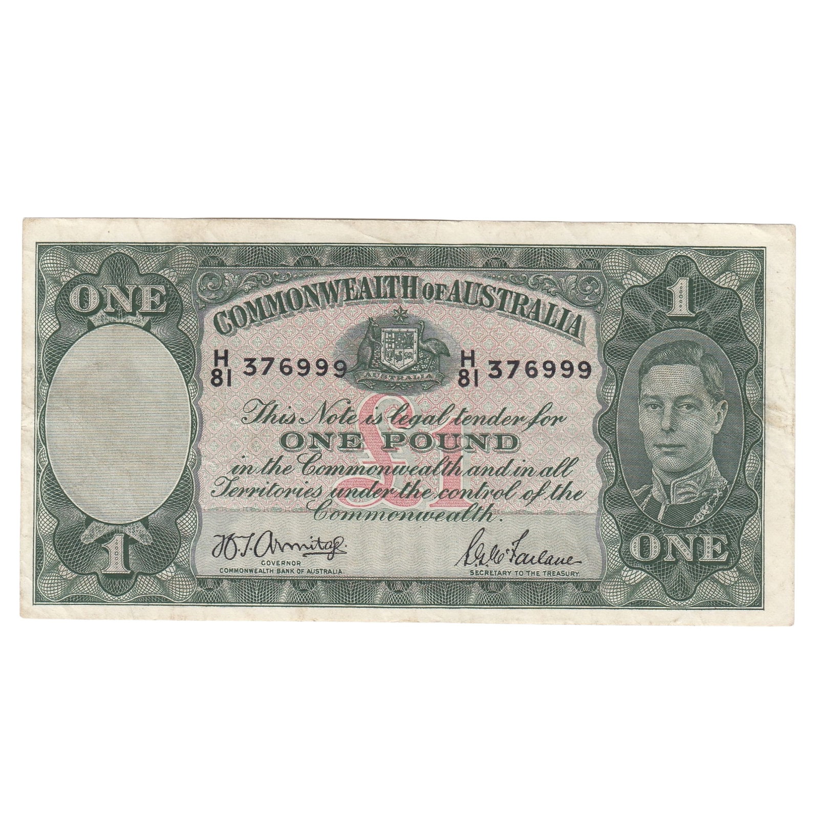 Australia 'Armitage - McFarlane' £1 (1942), good Very Fine: Renniks# 30a : Serial# H/81 376999. Dark Green Print Medium Coins, Monies & Stamps Exhibited Paper Money, Australia & New Zealand