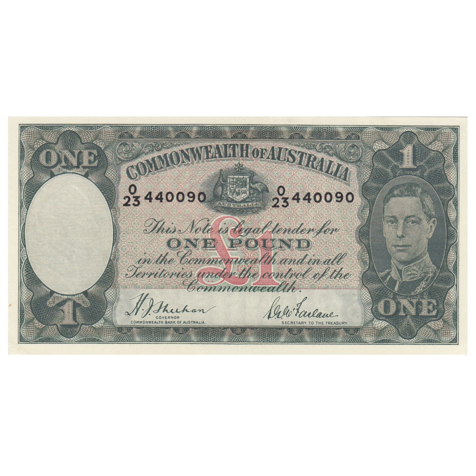 Australia 'Sheehan - McFarlane' £1 (1938), Uncirculated OPQ: Renniks# 29 : Serial# O/23 440090. Condition O(riginal) P(aper) Q(uality) Medium Coins, Monies & Stamps Exhibited Paper Money, Australia & New Zealand