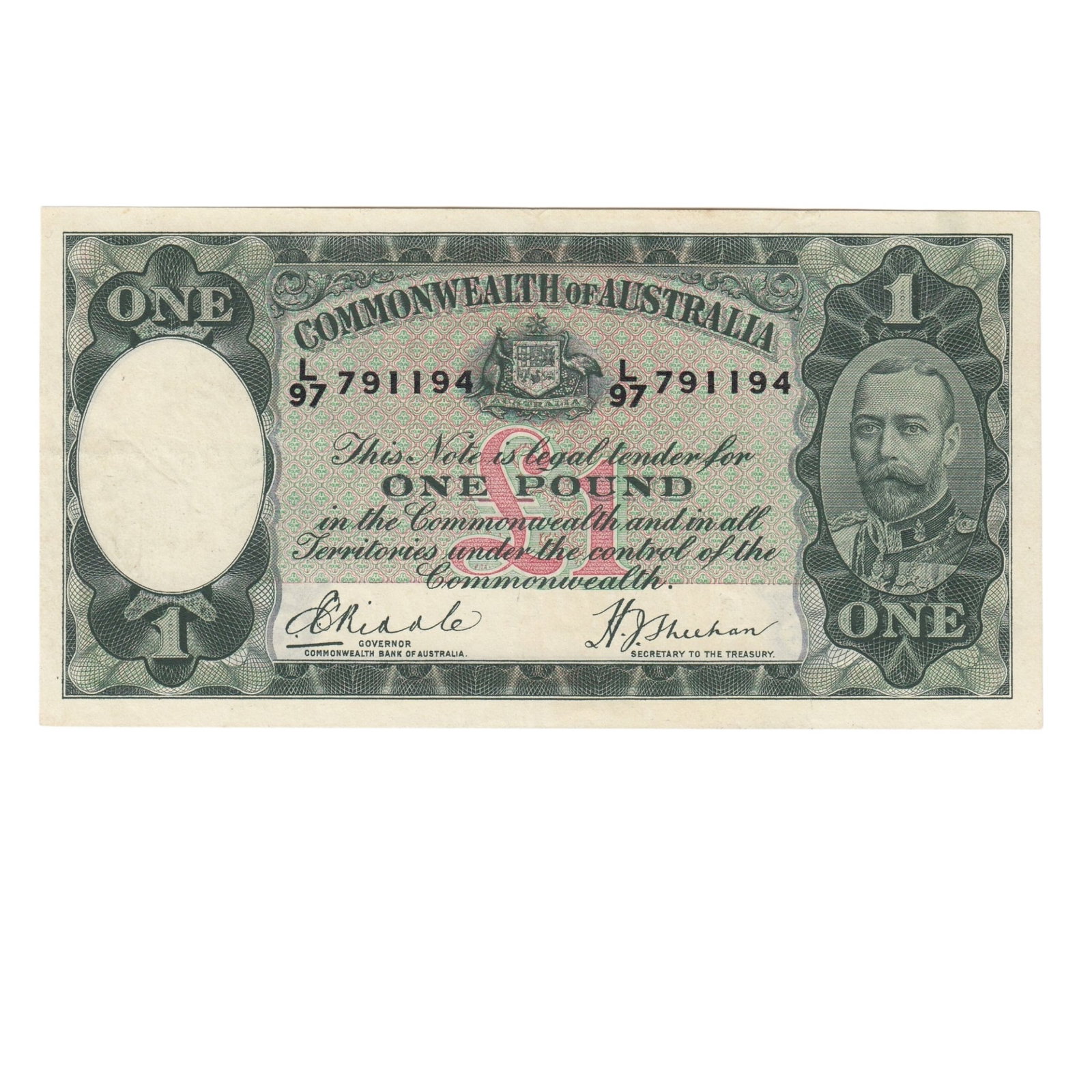 Australia 'Riddle - Sheehan' £1 (1933), about Extremely Fine details: Renniks# 28 : Serial# L/97 791194 Condition Flattened Medium Coins, Monies & Stamps Exhibited Paper Money, Australia & New Zealand