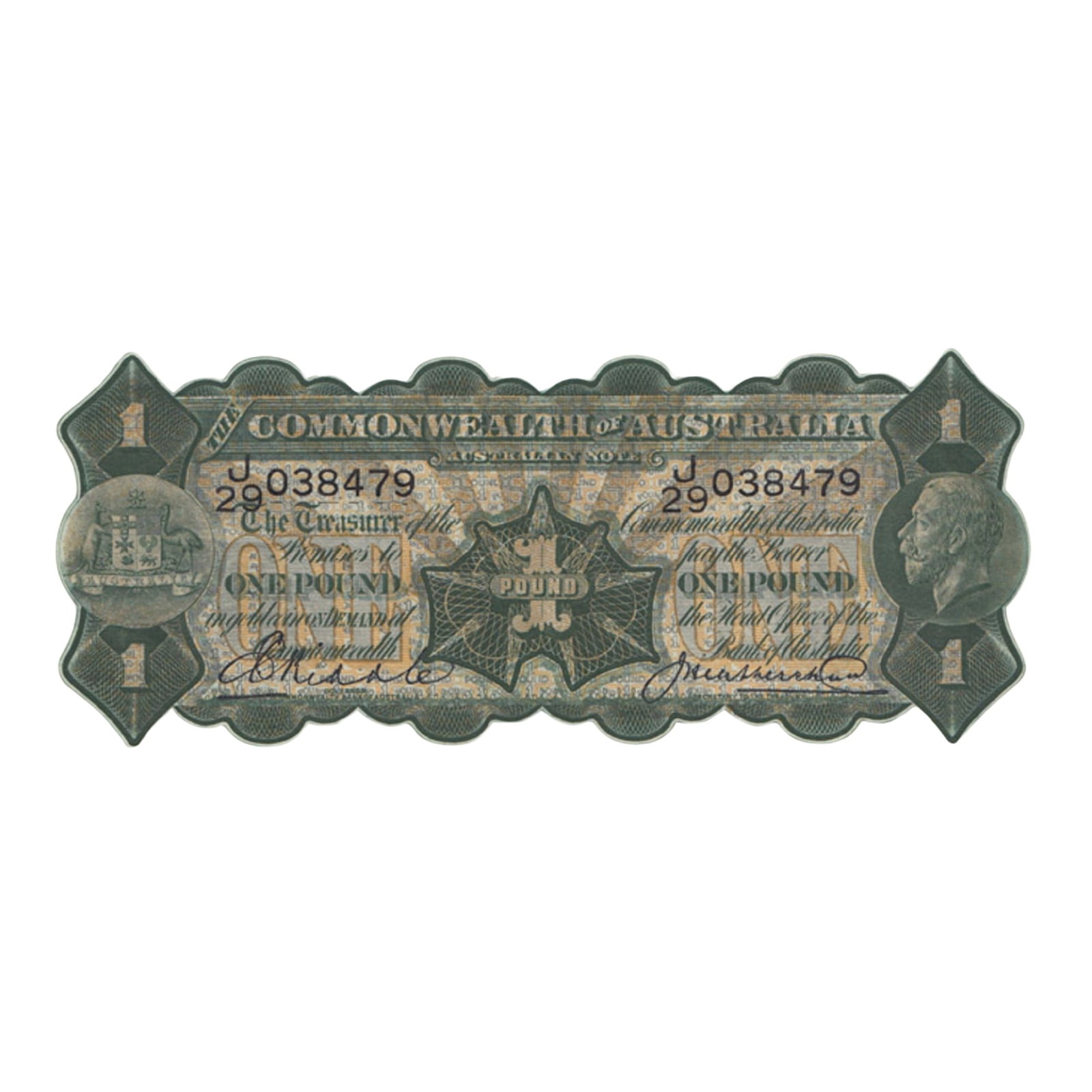 Australia 'Riddle - Heathershaw' £1 (1927), about Uncirculated OPQ: Renniks# 26 : Serial# J/29 038479 Condition O(riginal) P(aper) Q(uality). Light centre bend Medium Coins, Monies & Stamps Exhibited Paper Money, Australia & New Zealand