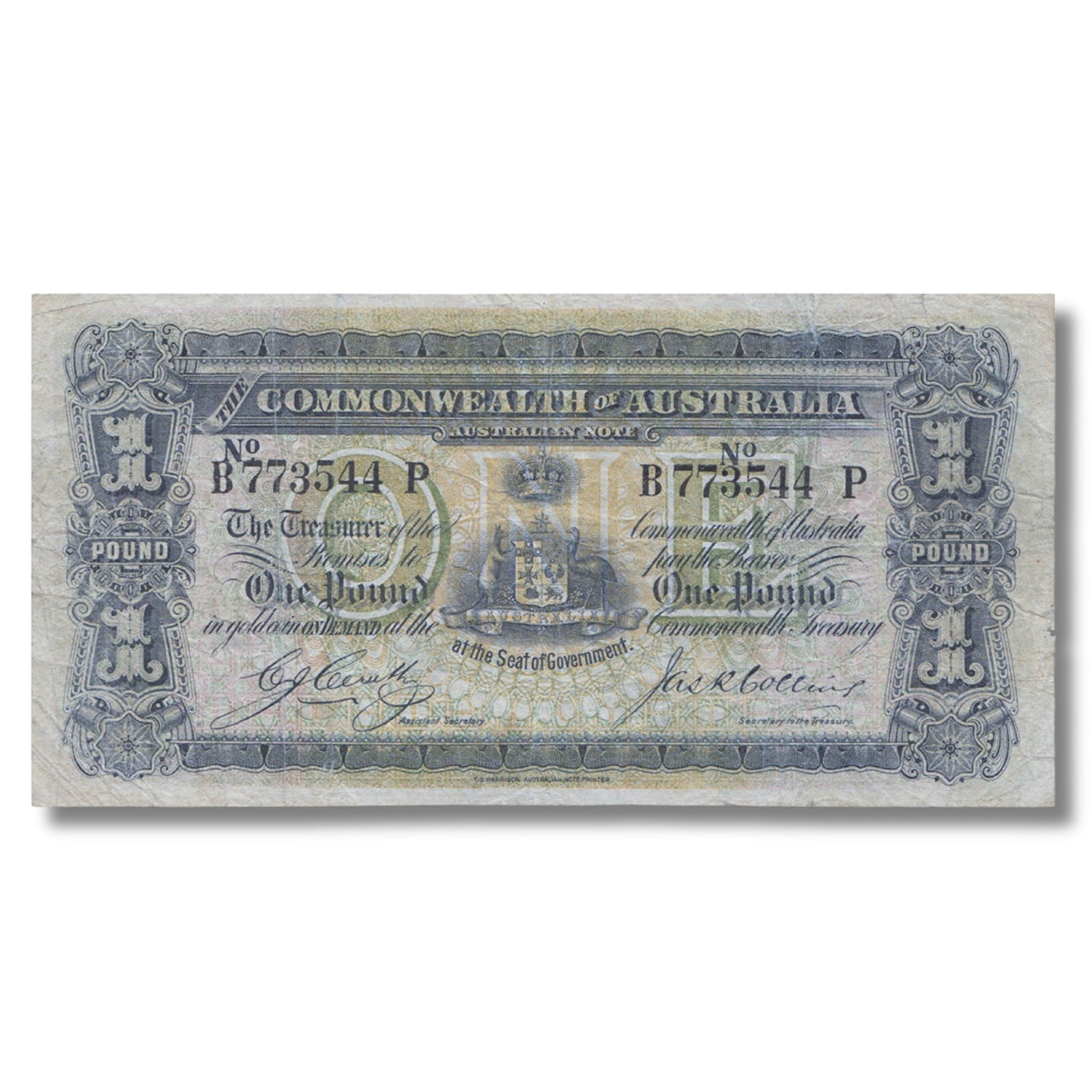 Australia 'Cerutty - Collins' £1 (1918), Fine: Renniks# 21 : Serial# No B 773544 P. Respectable space filler Condition Multiple pinholes and minor edge tears Medium Coins, Monies & Stamps Exhibited Paper Money, Australia & New Zealand