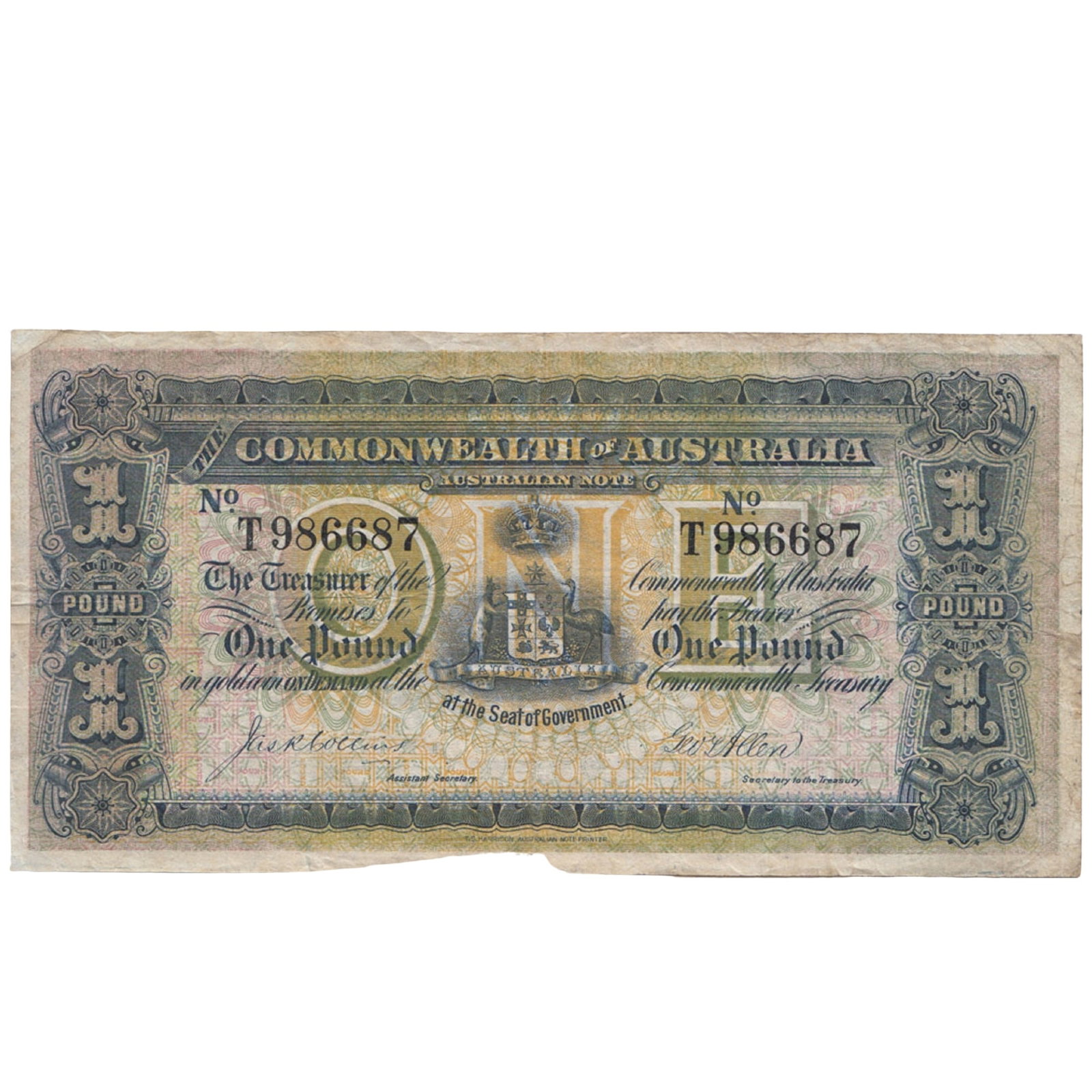 Australia 'Collins - Allen' £1 'T' Prefix Letter (1913), good Very Fine: Renniks# 18c : Serial# No. T986687. Rare variety Condition Firm paper Medium Coins, Monies & Stamps Literature There are less than 20 of this note that have survived this being the highest number