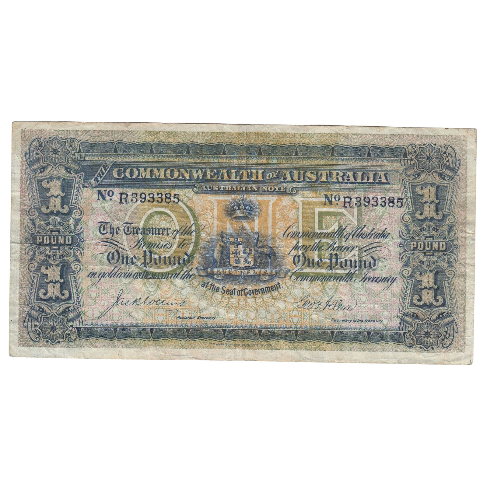 Australia 'Collins - Allen' George V £1 (1913), Crisp Very Fine details: Renniks# 18b : Serial# R 393385 Condition 2 Pin holes Medium Coins, Monies & Stamps Exhibited Paper Money, Australia & New Zealand