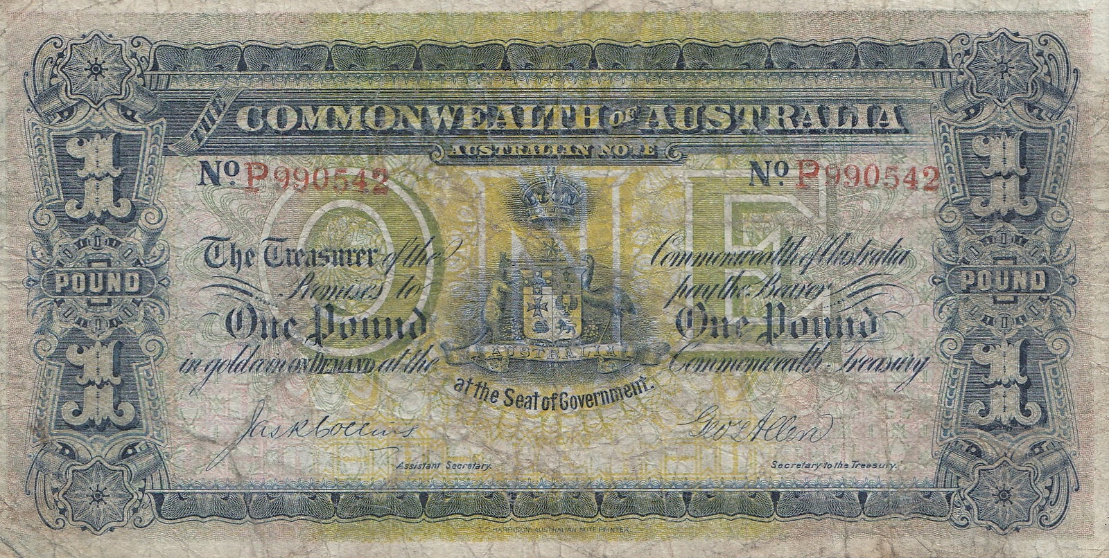 Australia 'Collins - Allen' First issue - P Prefix with Red Serial' £1 (1913), Fine (1 of 2)