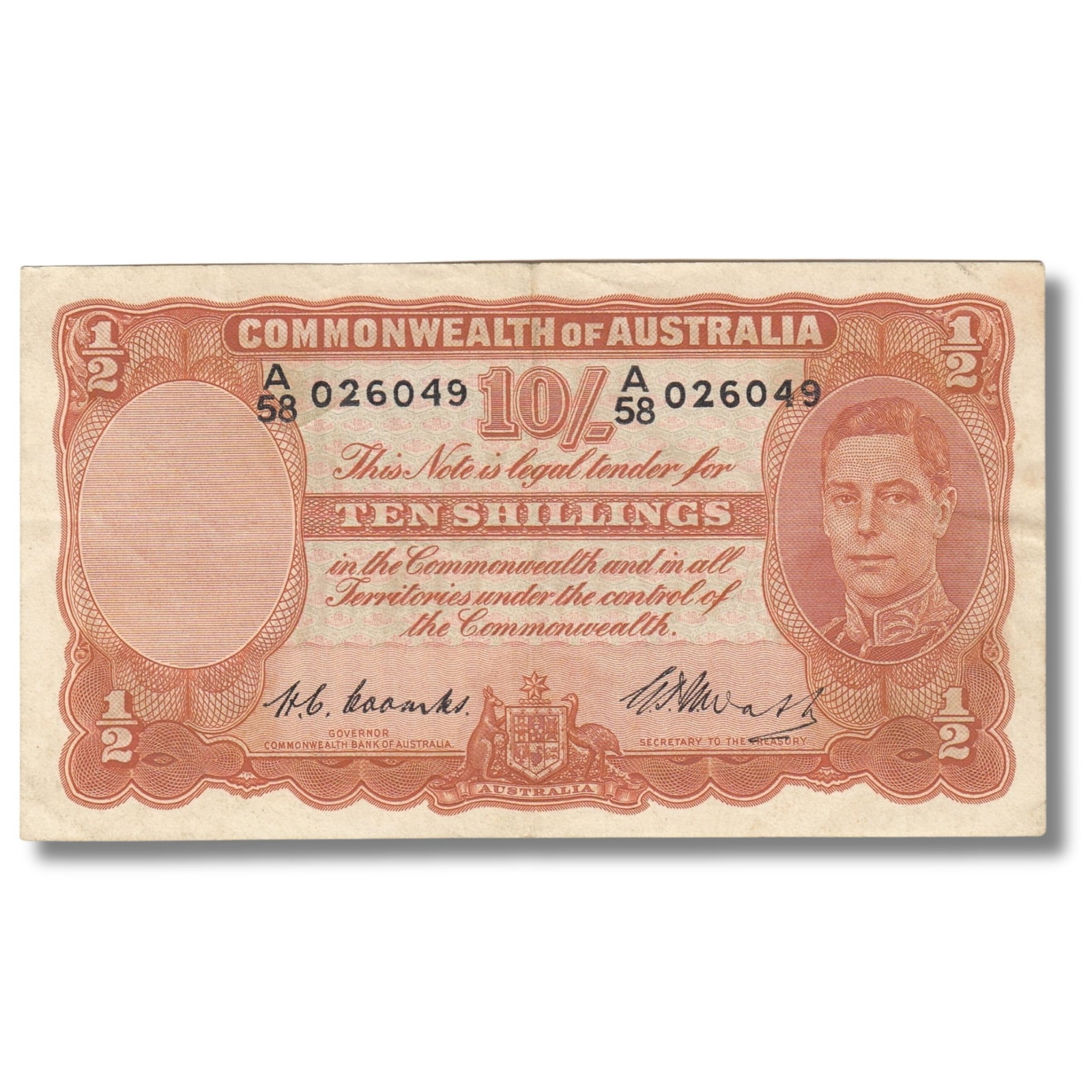 Australia 'Coombs - Watt' 10/- (1949), Crisp good Very Fine: Renniks# 14 : Serial# A/58 026049 Medium Coins, Monies & Stamps Exhibited Paper Money, Australia & New Zealand