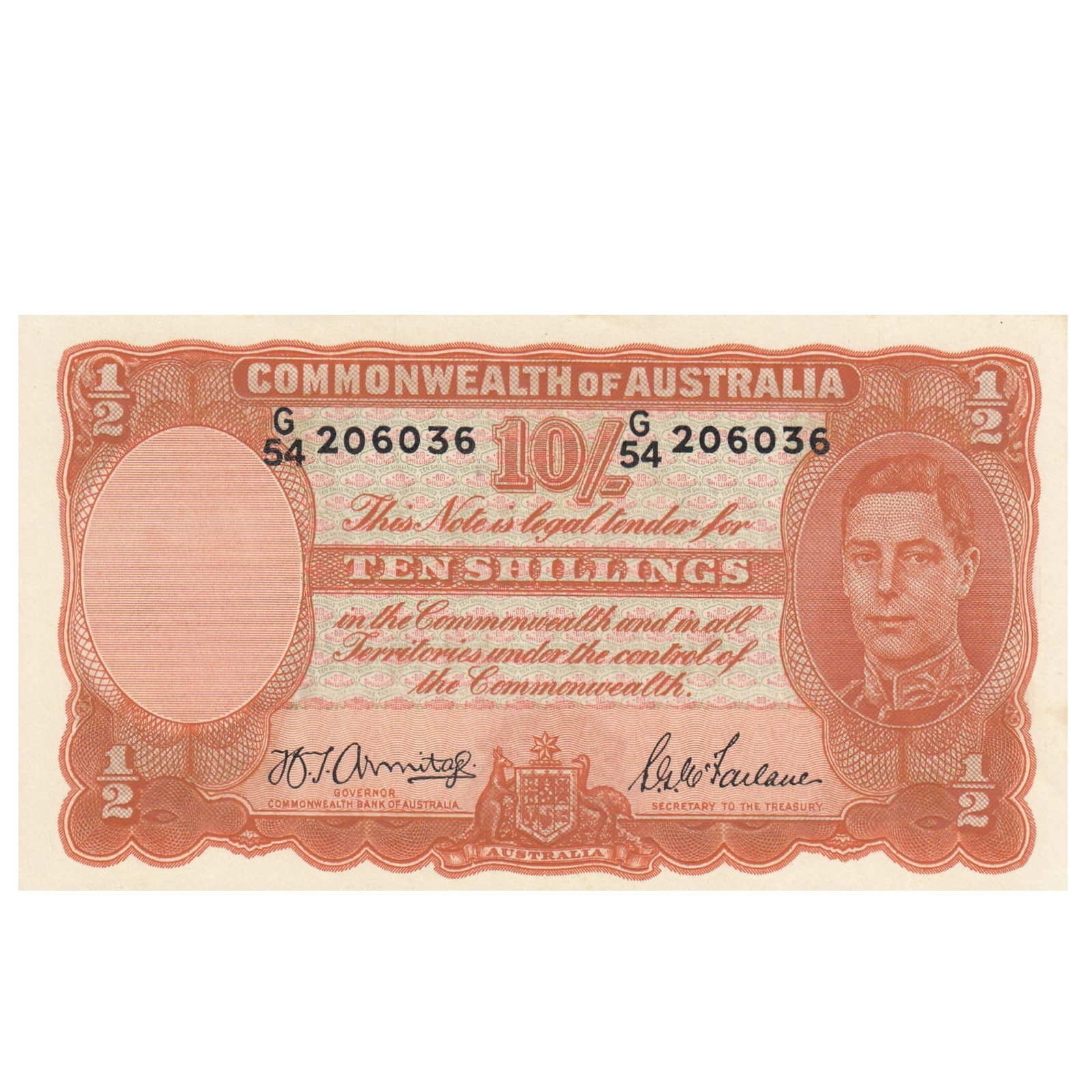Australia 'Armitage - McFarlane' 10/- (1942), Uncirculated OPQ: Renniks# 13 : Serial# G54 206036. Consecutive to preceding note Condition O(riginal) P(aper) Q(uality) Medium Coins, Monies & Stamps Exhibited Paper Money, Australia & New Zealand