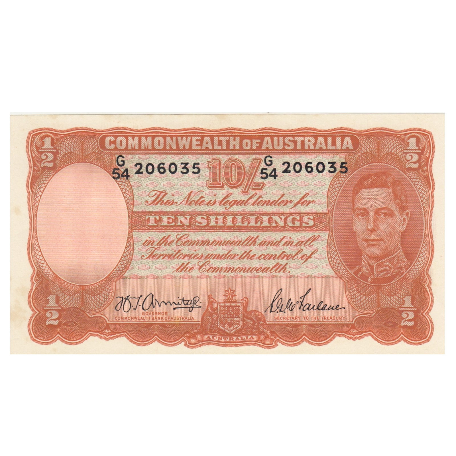 Australia 'Armitage - McFarlane' 10/- (1942), Uncirculated OPQ: Renniks# 13 : Serial# G54 206035. Consecutive to following note Condition O(riginal) P(aper) Q(uality) Medium Coins, Monies & Stamps Exhibited Paper Money, Australia & New Zealand