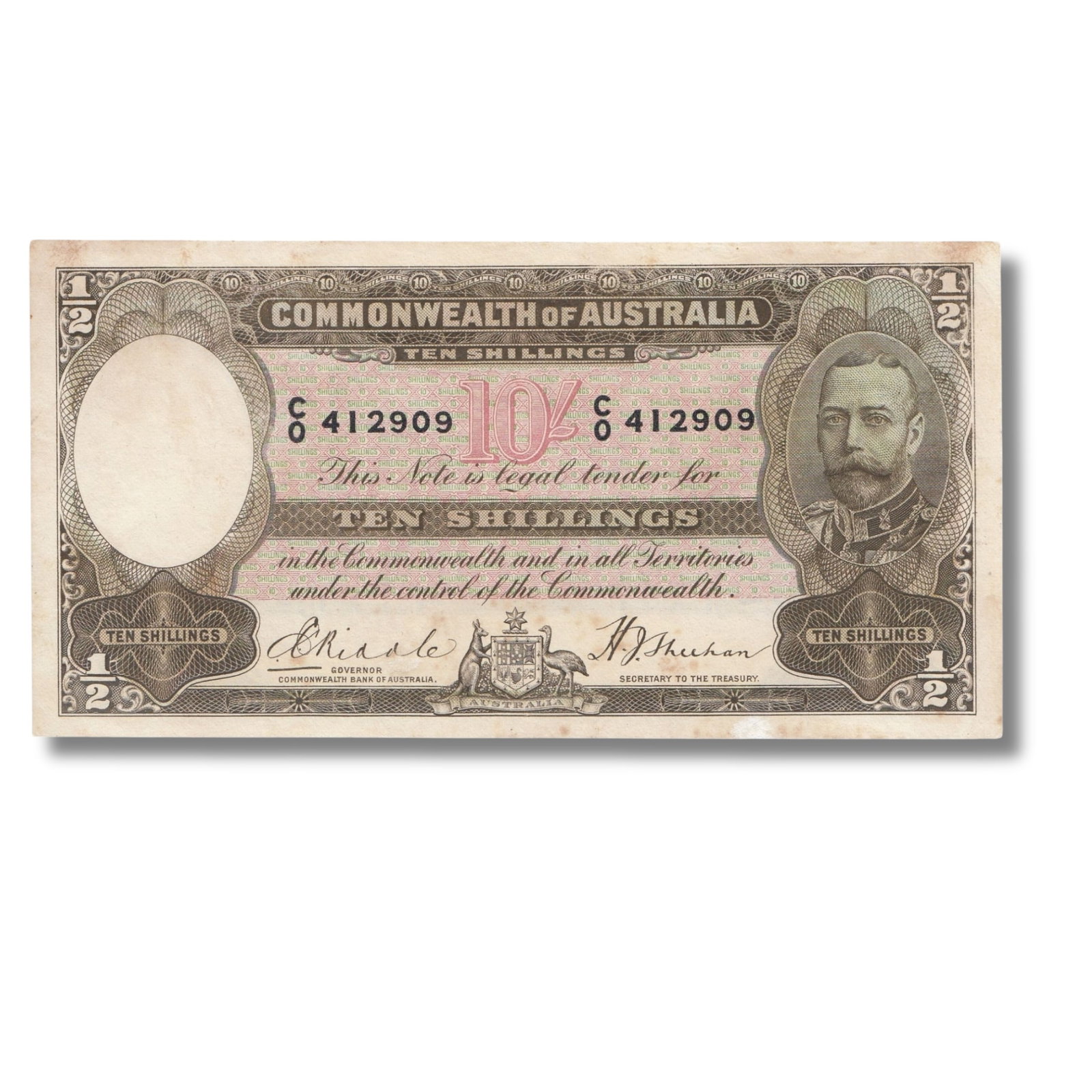 Australia 'Riddle - Sheehan' C/0 - First Prefix 10/- (1933), good Fine details (1 of 2)