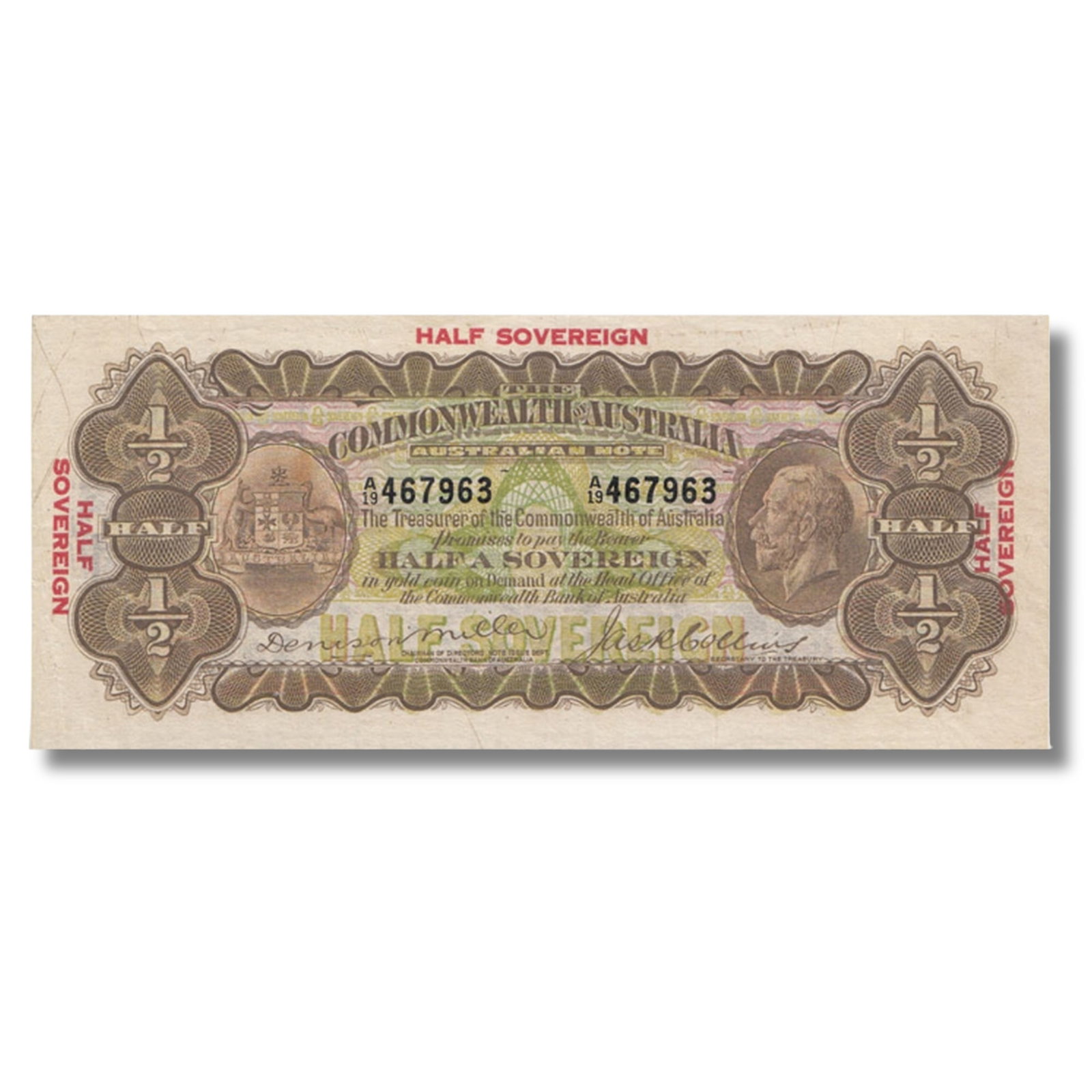 Australia 'Miller - Collins' Half Sovereign or 10/- (1923), PCGS 45: Renniks# 4 : Serial# A/19 467963. Choice Extremely Fine (but in our opinion it is very harshly graded and is virtually Uncirculated/Uncirculated OPQ. Condition O(riginal) P(aper) Q(uality) In our opin
