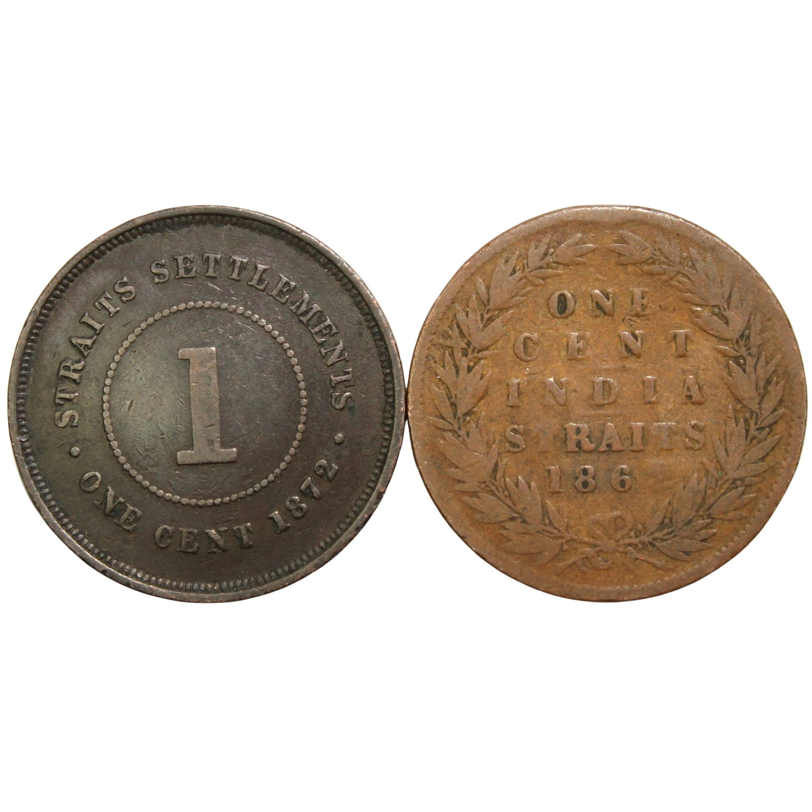 Straits Settlements 1862 & 1872 H Cents, VG & good VF (2 coins) (1 of 2)