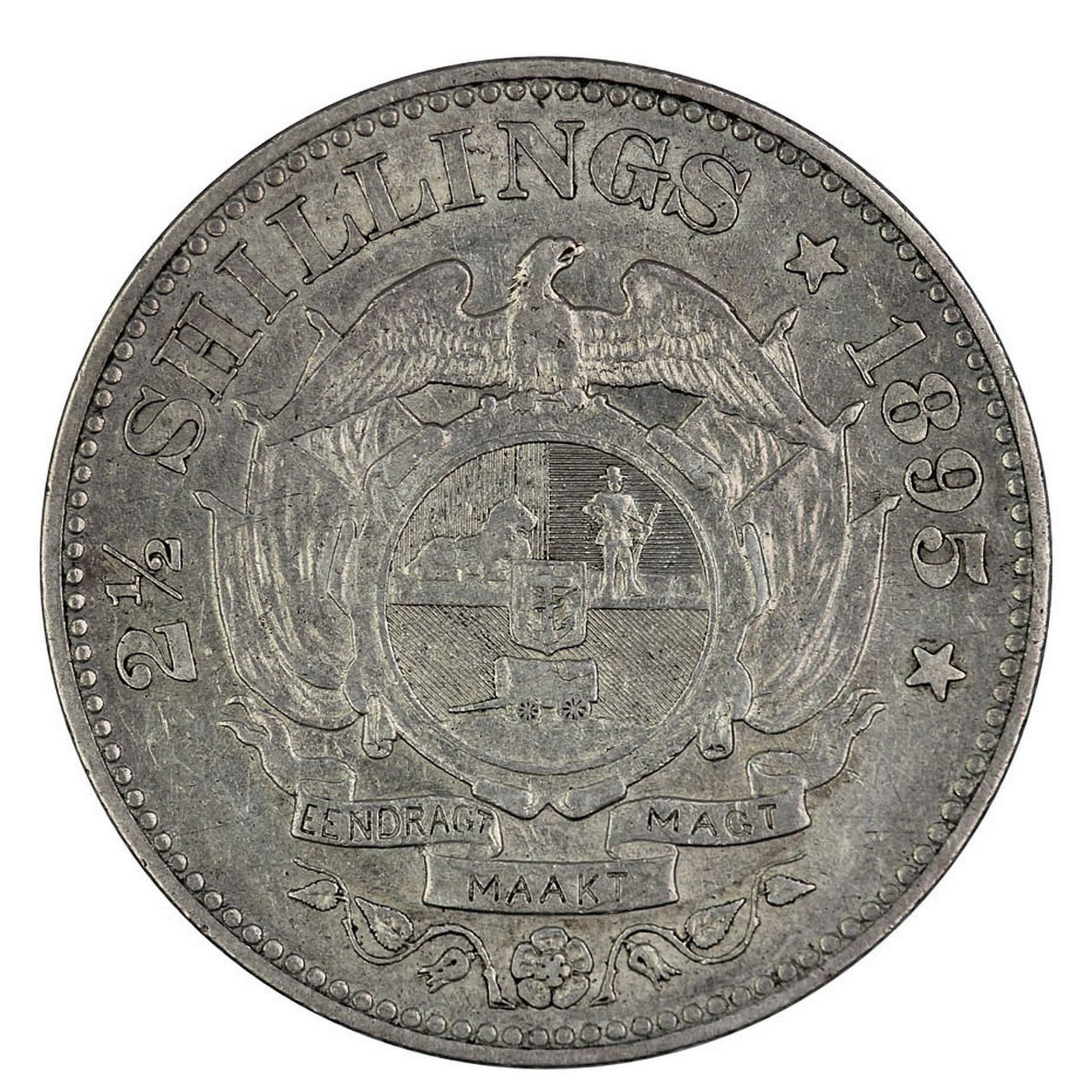 South Africa (ZAR) 1895 2-1/2 Shillings, Extremely Fine: 'Kruger', Scarcer Date Size ASW 0.4204 Troy oz Medium Coins, Monies & Stamps