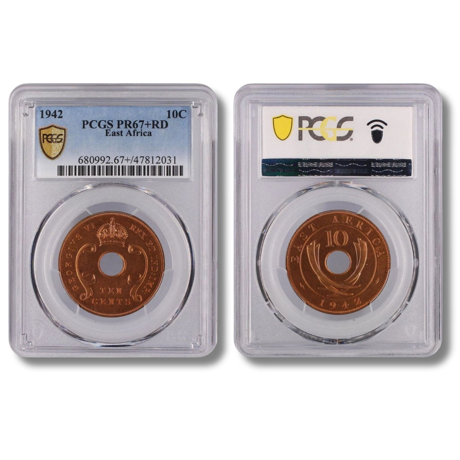 East Africa (British) 1942 (L) Proof Record 10c, PCGS PR67+RD (Pop 1) - Sole highest third party grd: Highest graded NGC PF65 RD (2) 66 RD (1) & PCGS PR67+ RDD (1) Medium Coins, Monies & Stamps