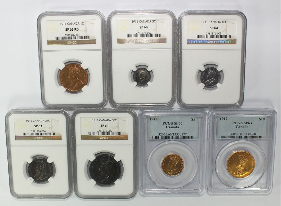 Canada 1911-1912 Silver & Gold 'Specimen' Set (7 coins): NGC graded 1911 1c SP63 RD, 5c SP63, 10c SP64, 25c SP63, 50c SP64 & PCGS graded 1912 $5 SP66 & $10 SP63 (7 coins) Medium Coins, Monies & Stamps Literature Extremely Rare. A comparable matched set was