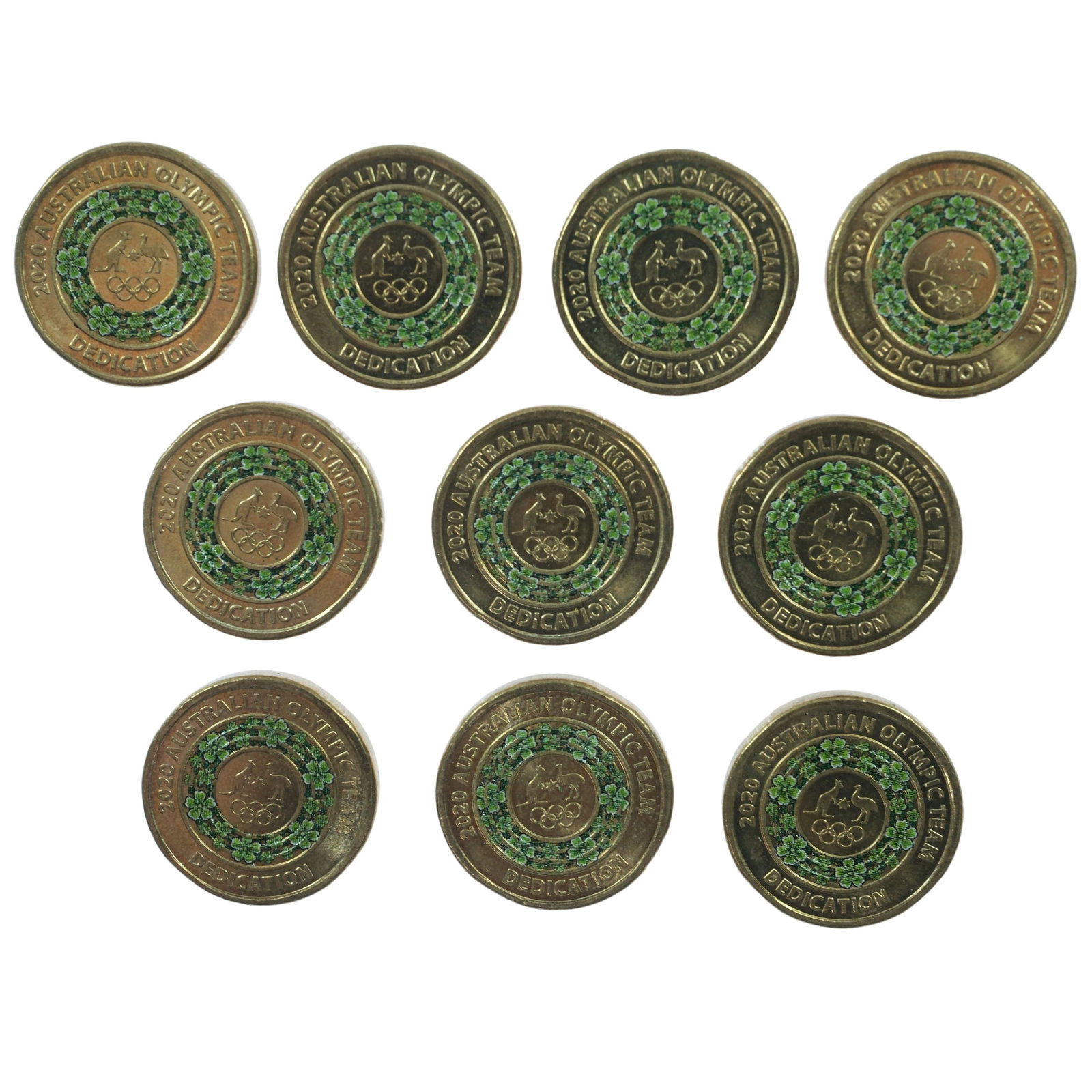 Australia 2020 'Tokyo Olympic Team - Dedication' Green Coloured Al-Br $2, Uncirculated (10 coins): . Medium Coins, Monies & Stamps Exhibited Coins, Australia & New Zealand