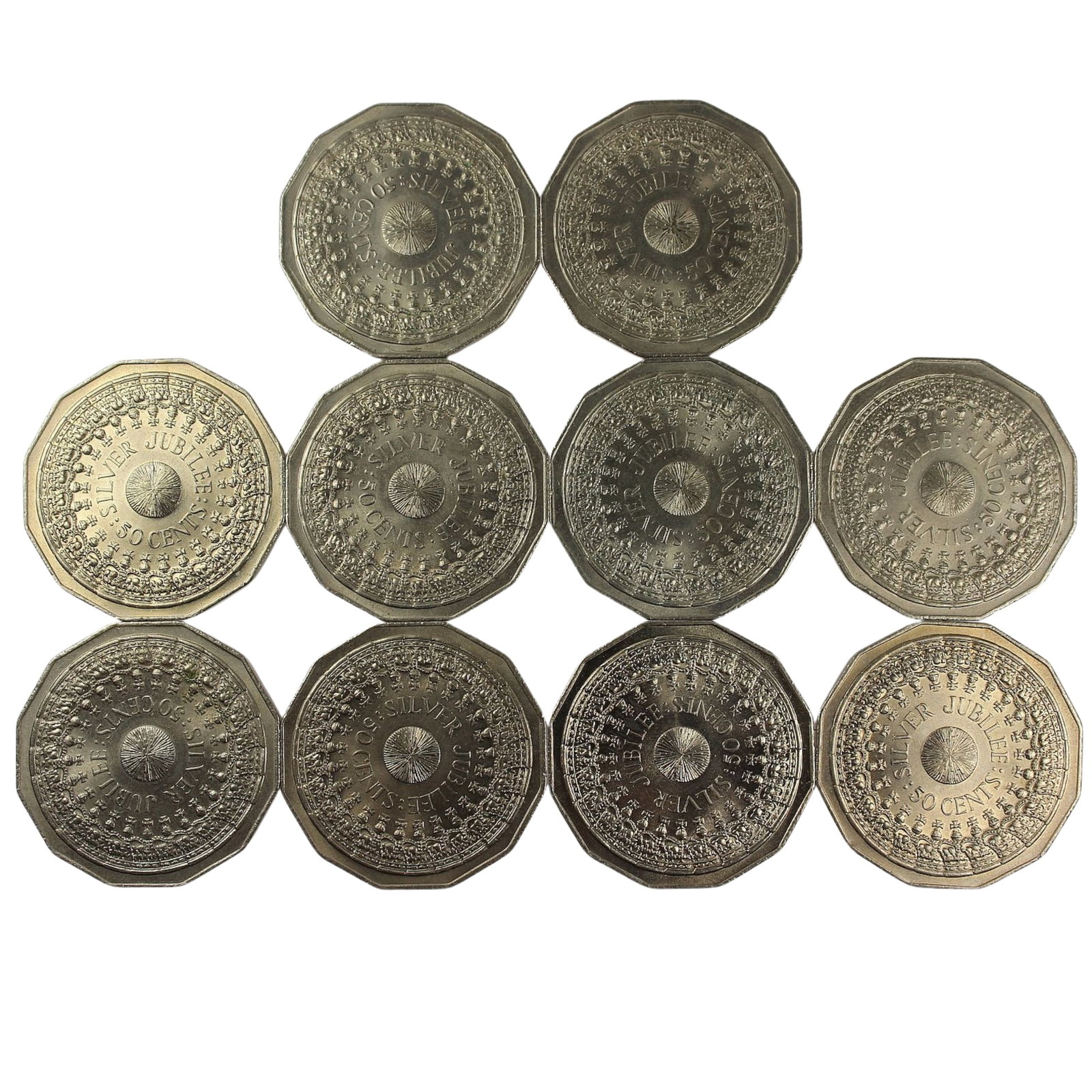 Australia 1977 ' Silver Jubilee' 50c's, Choice Uncirculated (10 coins): QEII Silver Jubilee Medium Coins, Monies & Stamps Exhibited Coins, Australia & New Zealand
