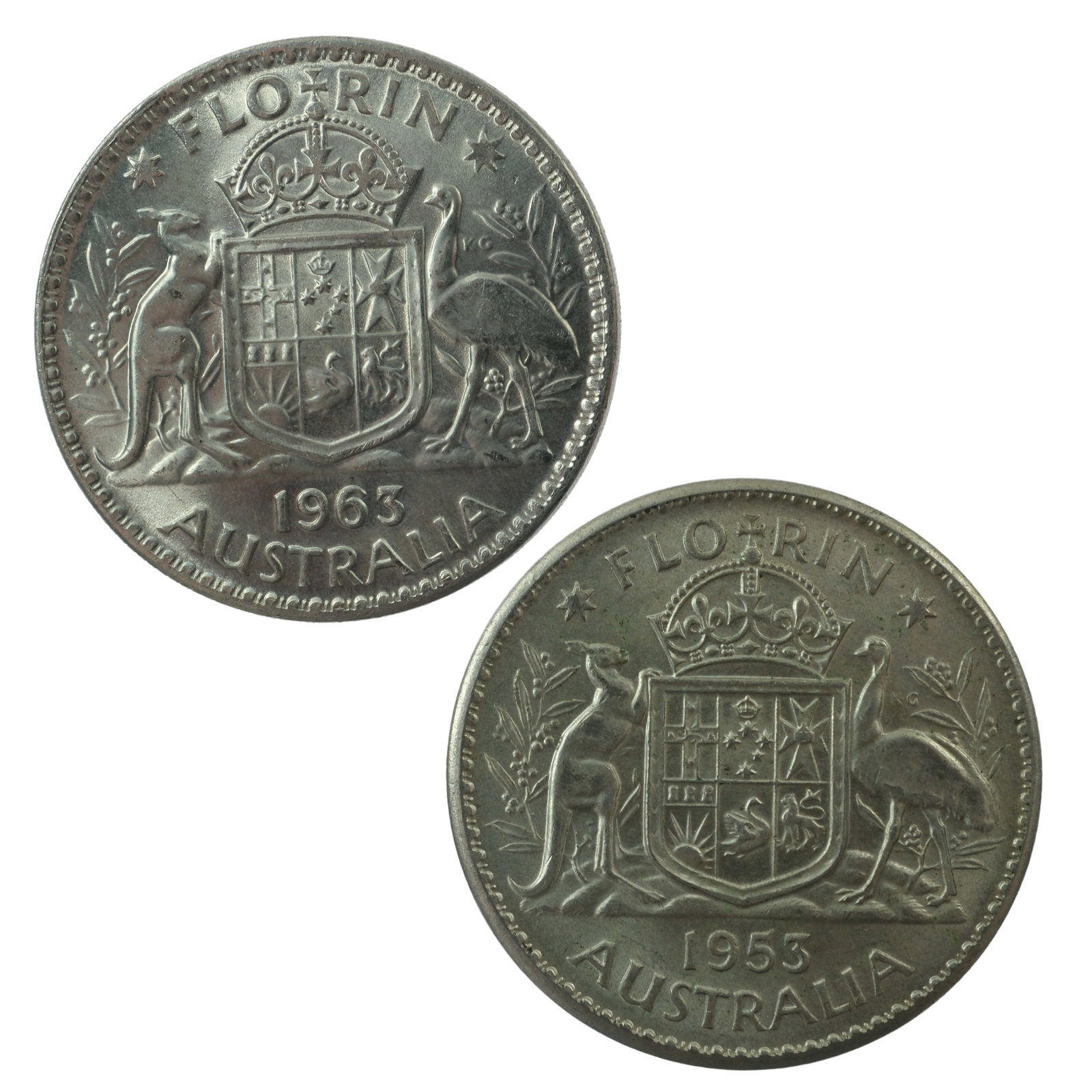 Australia 1953 & 1963 Silver 2/-'s, Choice Uncirculated: First Decade of QEII Size Combined ASW 0.3636 oz Medium Coins, Monies & Stamps Exhibited Coins, Australia & New Zealand