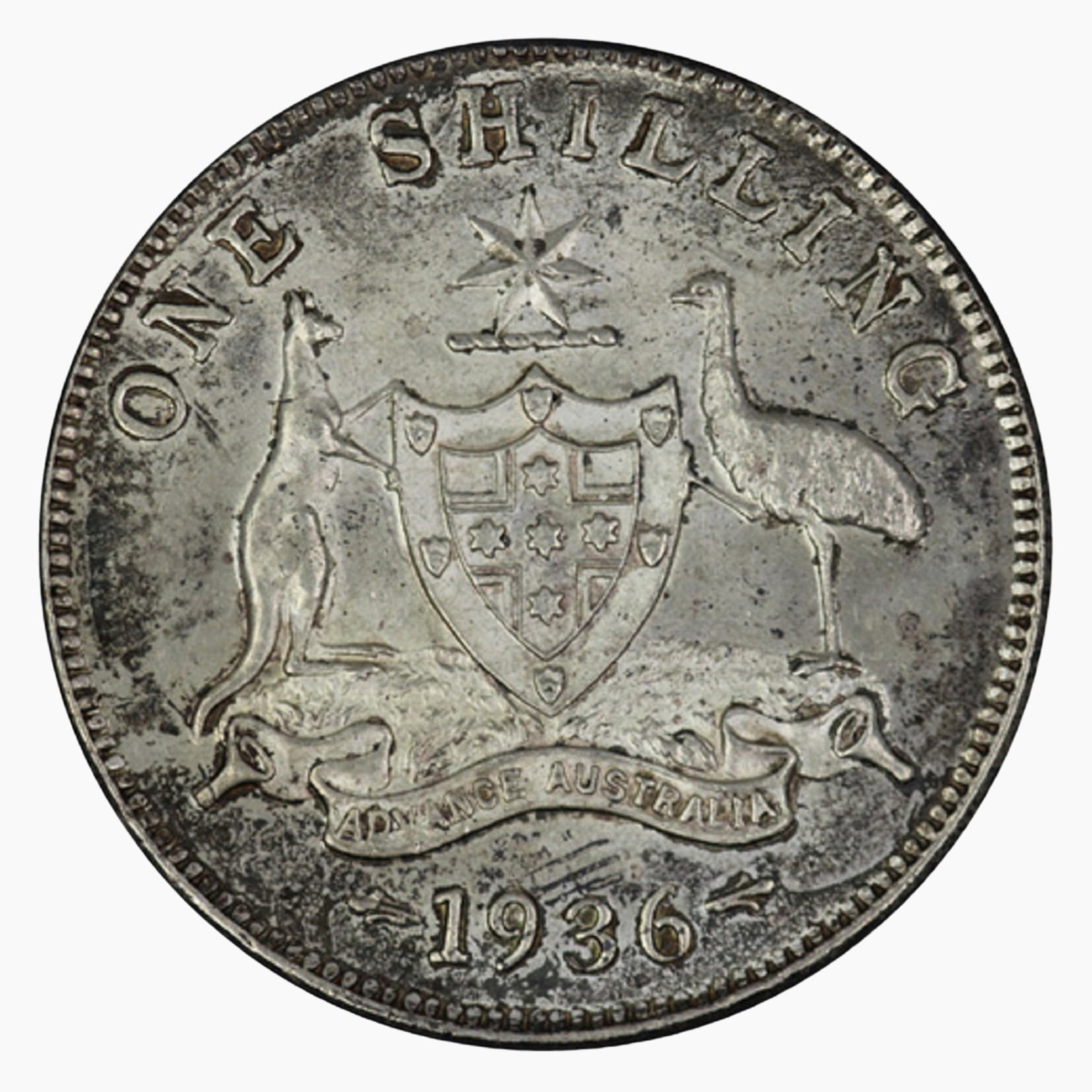 Australia 1936 1/-, Choice Uncirculated: George V Size ASW 0.1636 Troy oz Condition Toned reverse Medium Coins, Monies & Stamps