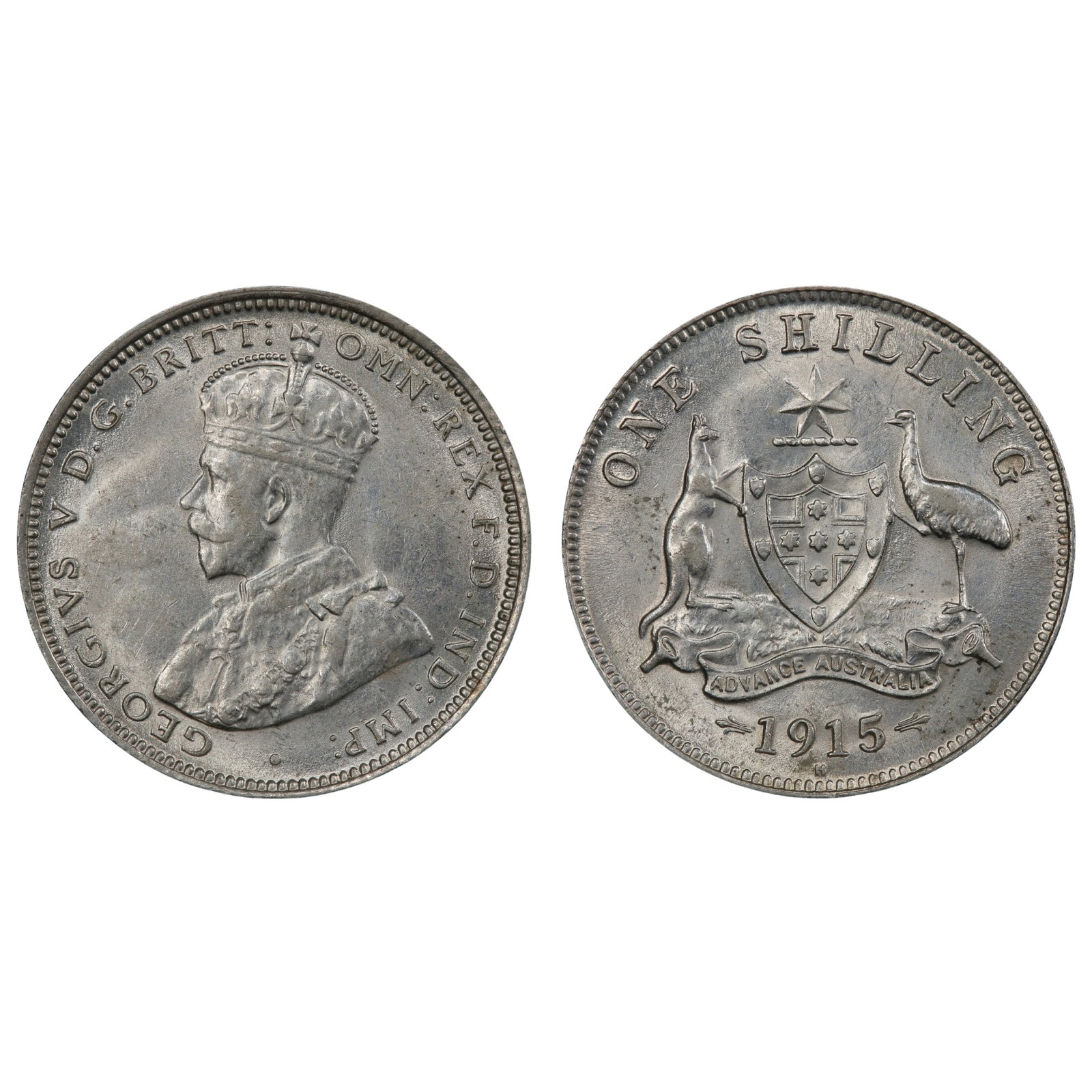 Australia 1915 H 1/-, PCGS AU58: We disagree with this PCGS grade, and believe it is deserving of a regrade. It is a typical Birmingham Mint coin that is just weakly struck on the second set of pearls & the emu feathers, and in our