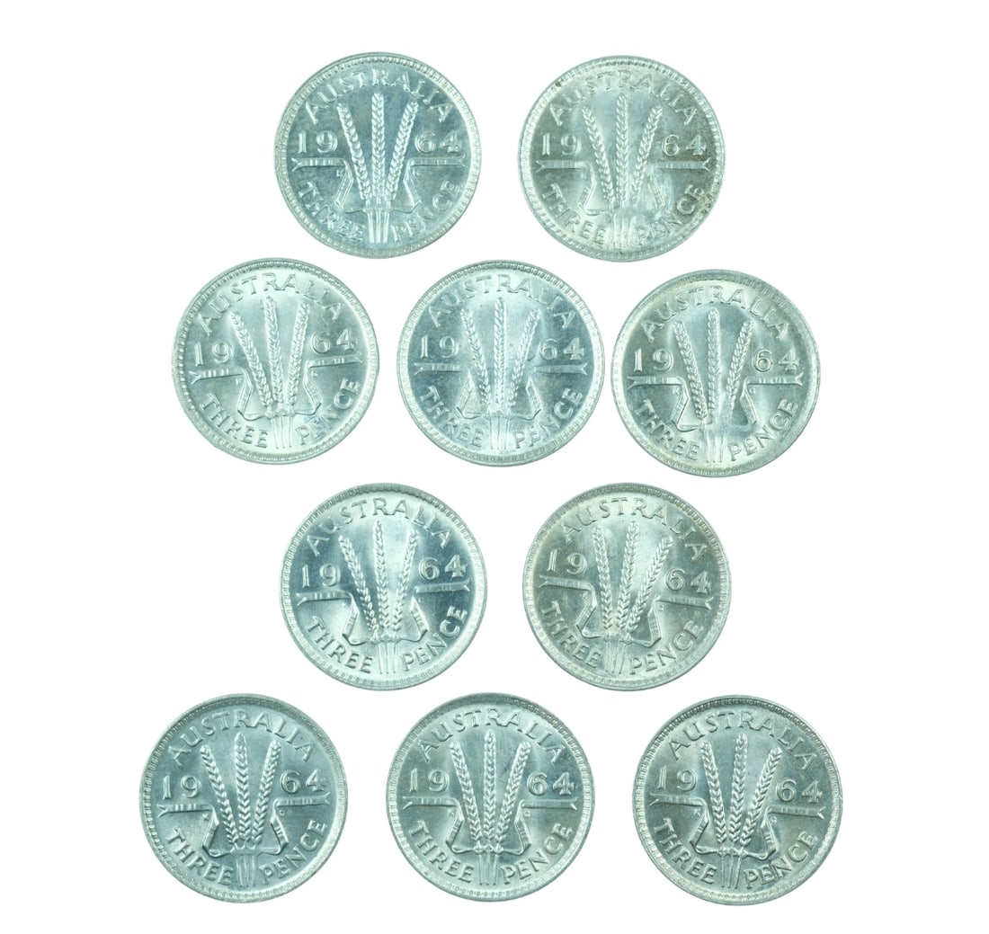 Australia 1964 Silver (500) 3d's, Choice Uncirculated (10 coins): QEII Size Combined weight 0.227 Troy oz Medium Coins, Monies & Stamps Exhibited Coins, Australia & New Zealand