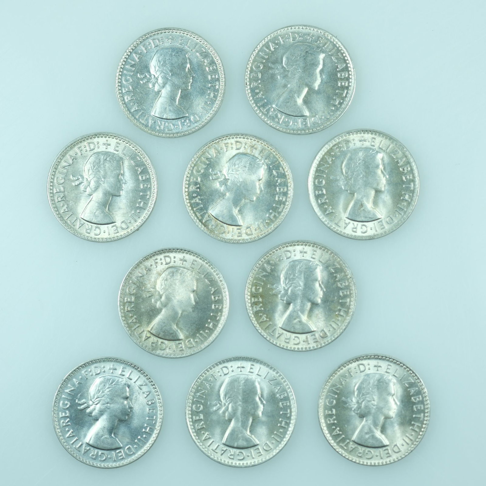 Australia 1964 Silver (500) 3d's, Choice Uncirculated (10 coins) - 2