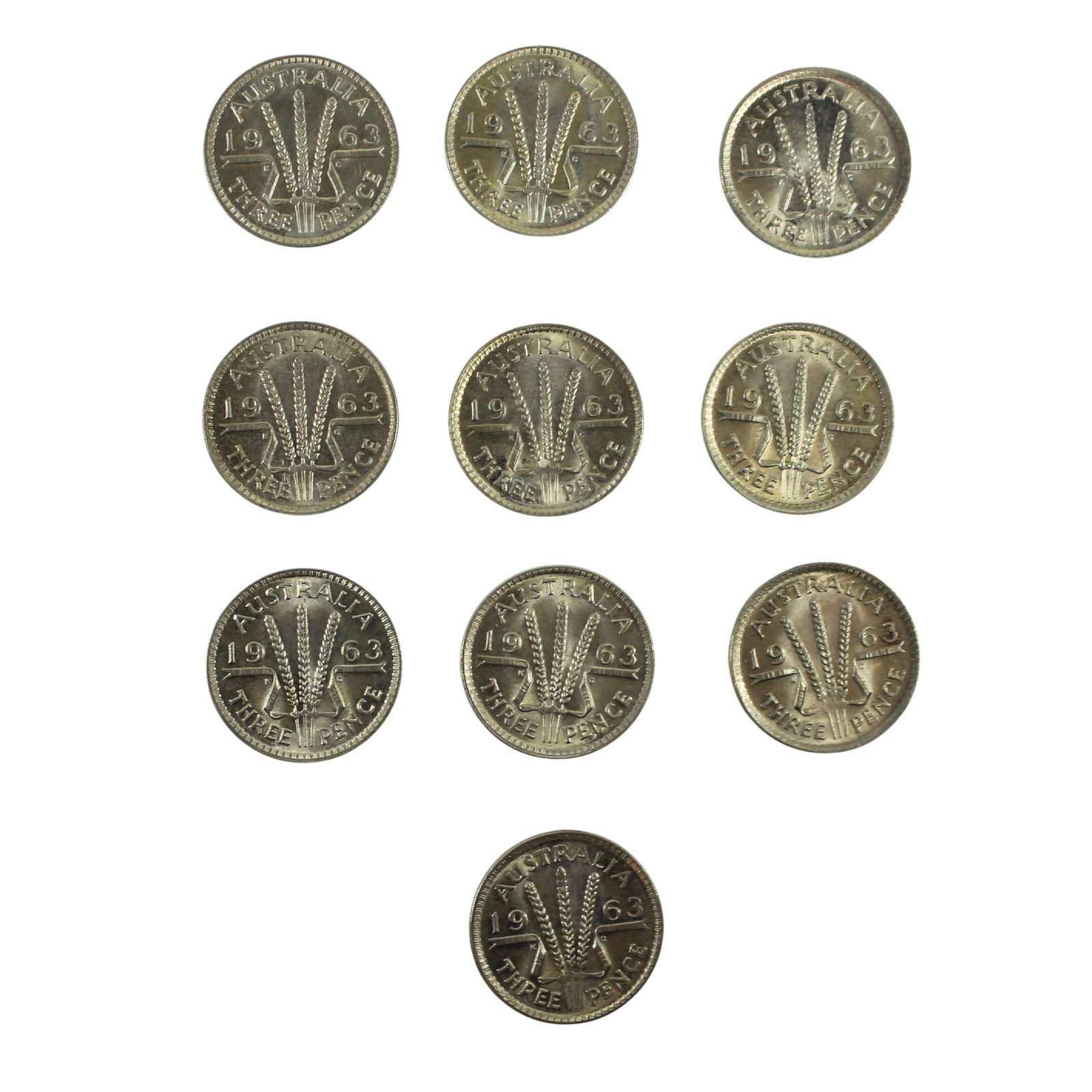 Australia 1963 Silver (500) 3d's, Choice Uncirculated (10 coins): QEII Size Combined weight 0.227 Troy oz Medium Coins, Monies & Stamps Exhibited Coins, Australia & New Zealand