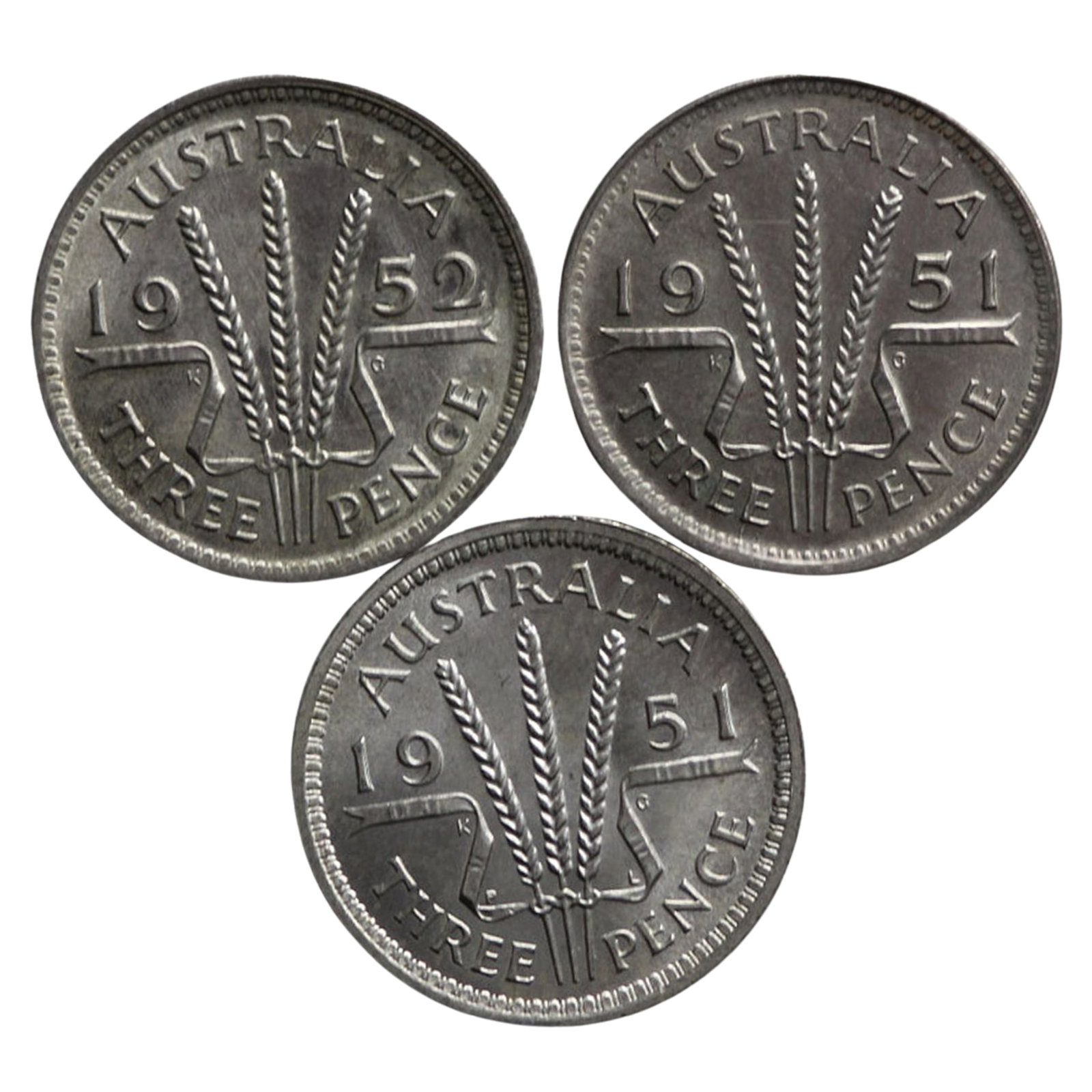 Australia 1951,1951 PL & 1952 3d's, Choice Uncirculated (3 coins) (1 of 2)
