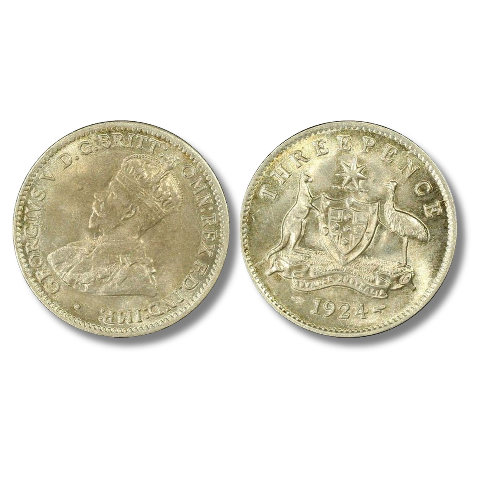 Australia 1924 3d, PCGS MS64 (Pop 12): Highest grades NGC MS66 (2) & PCGS MS65 (2) & 66 (1). The two NGC coins graded MS66 were crossed to PCGS MS65 & MS66 holders. Size ASW 0.0419 Troy oz Medium Coins, Monies & Stamps Exhibited Coins,