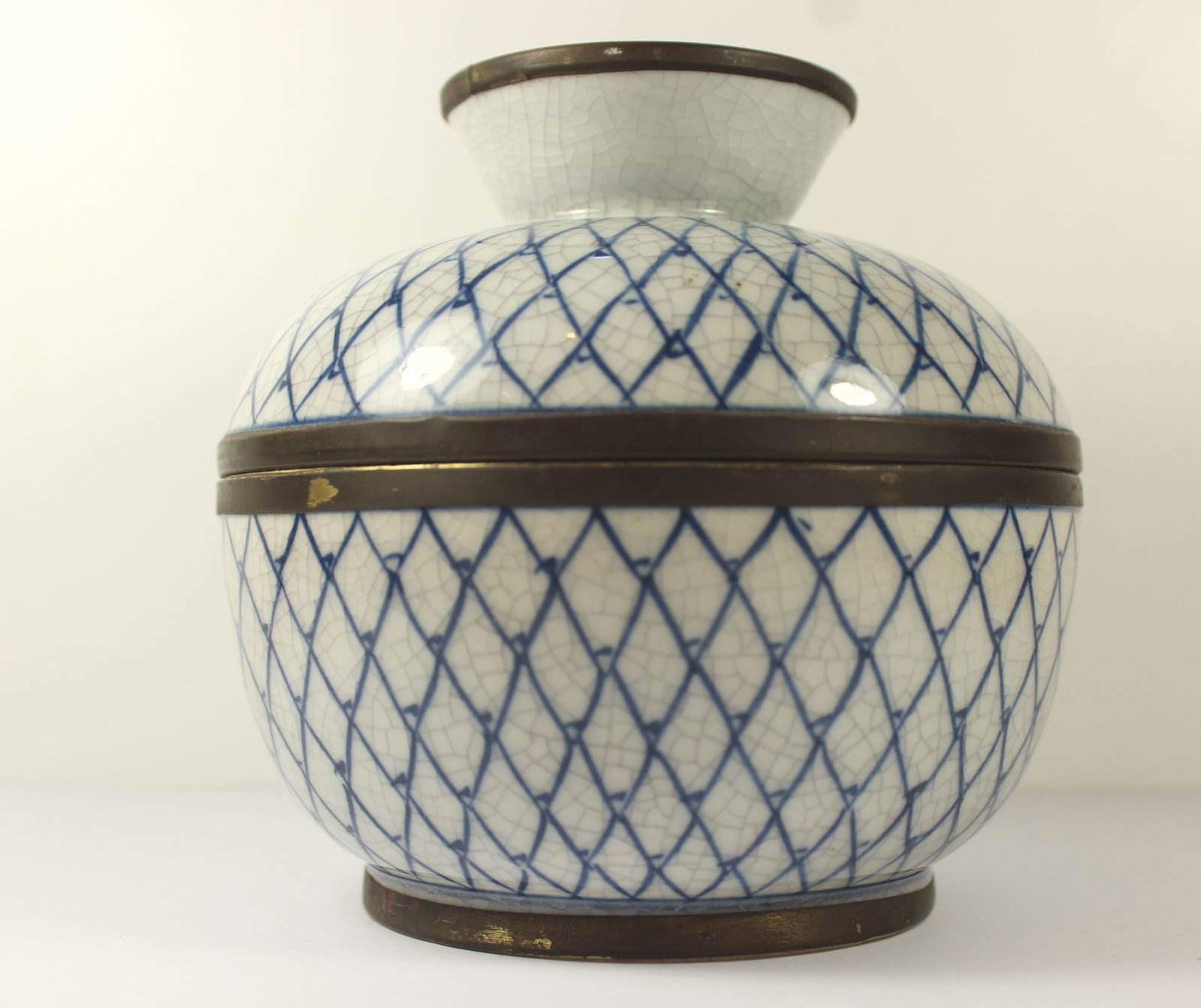 Antique Chinese Lidded Bowl with Bronze Trim - 2