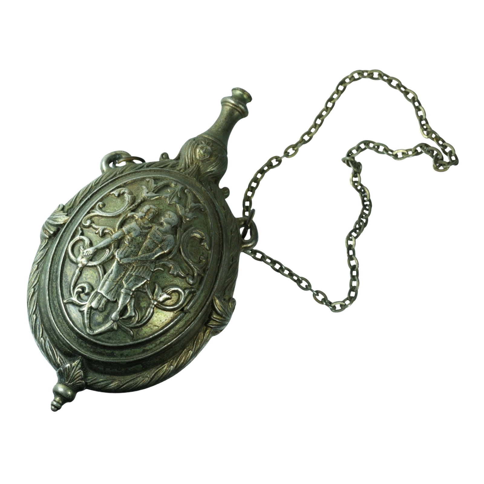 Replica Brass Flintlock Gunpowder Flask: . Size Length 17cms Medium General
