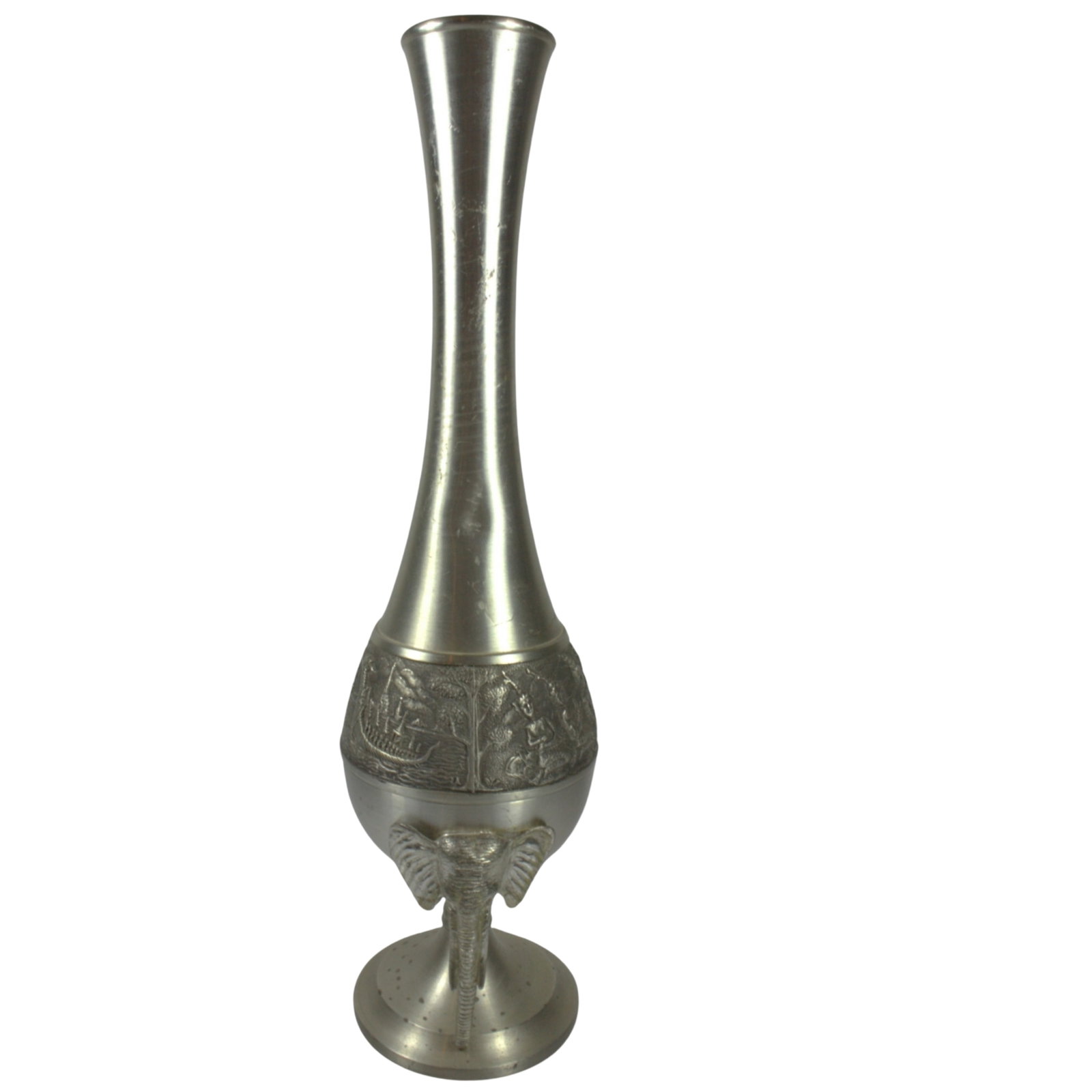 Indian Pewter Vase with Elephant Handles and Decorative Frieze: Chaophraya Size Stands 21cms Condition Small dent
