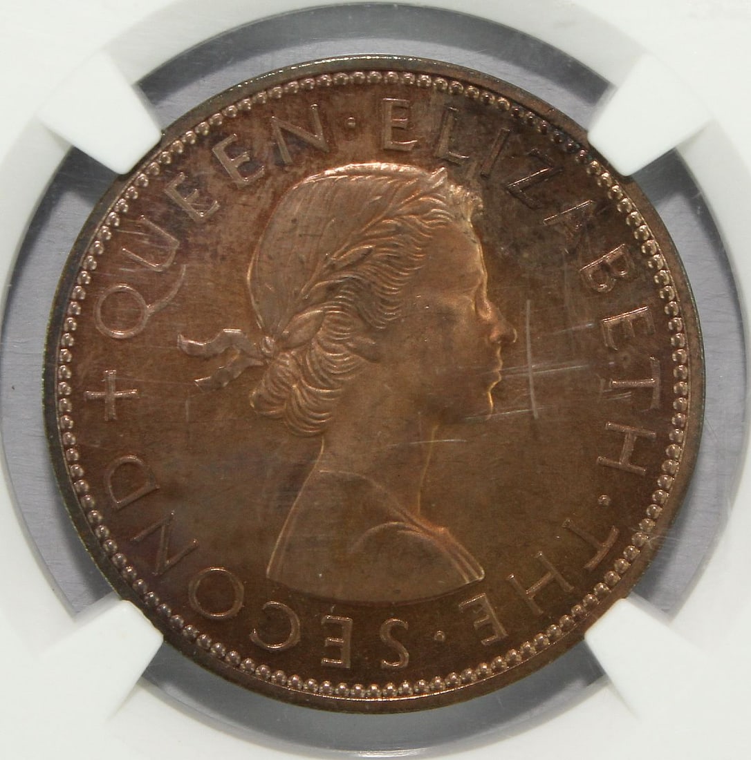 New Zealand 1956 Penny with Shoulder Strap, NGC PF64 RB (Pop 1) - 2