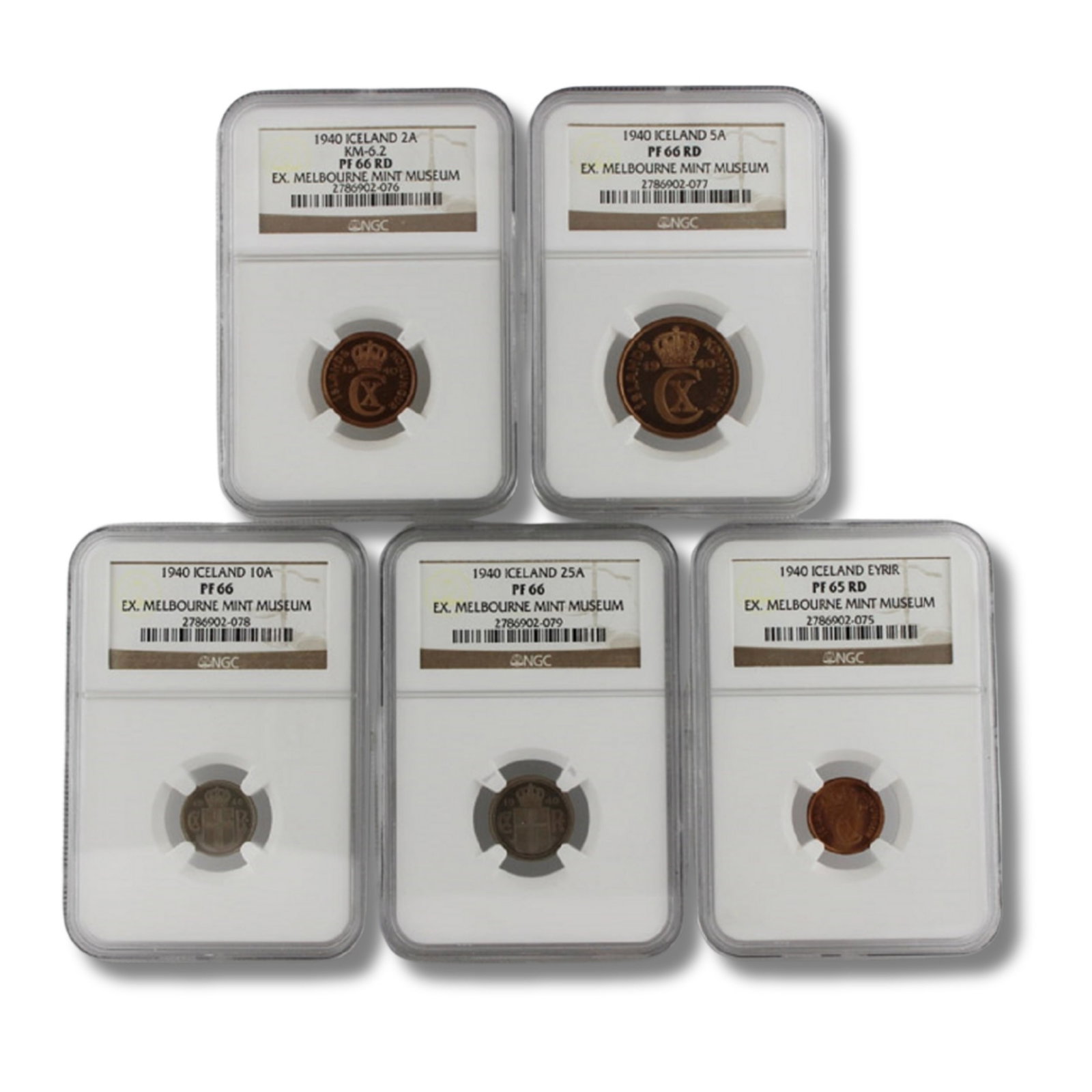 Iceland 1940 Proof Set of 1,2, 5,10 & 25 Aurar, NGC PF65 to 66RD (5 coins): Individual grades for each coin: 1 Eyrir - NGC PF65RD, 2 Aurar - NGC PF66RD, 5 Aurar - NGC PF66R, 10 Aurar - NGC PF66 & 25 Aurar - NGC PF66.Museum quality. Well-matched & very rare Medium Coins,