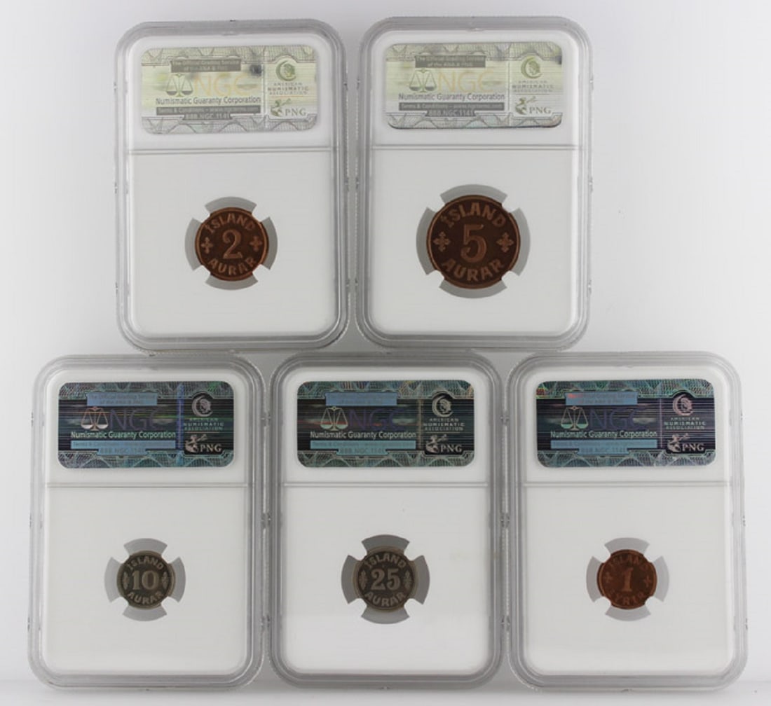 Iceland 1940 Proof Set of 1,2, 5,10 & 25 Aurar, NGC PF65 to 66RD (5 coins) - 2