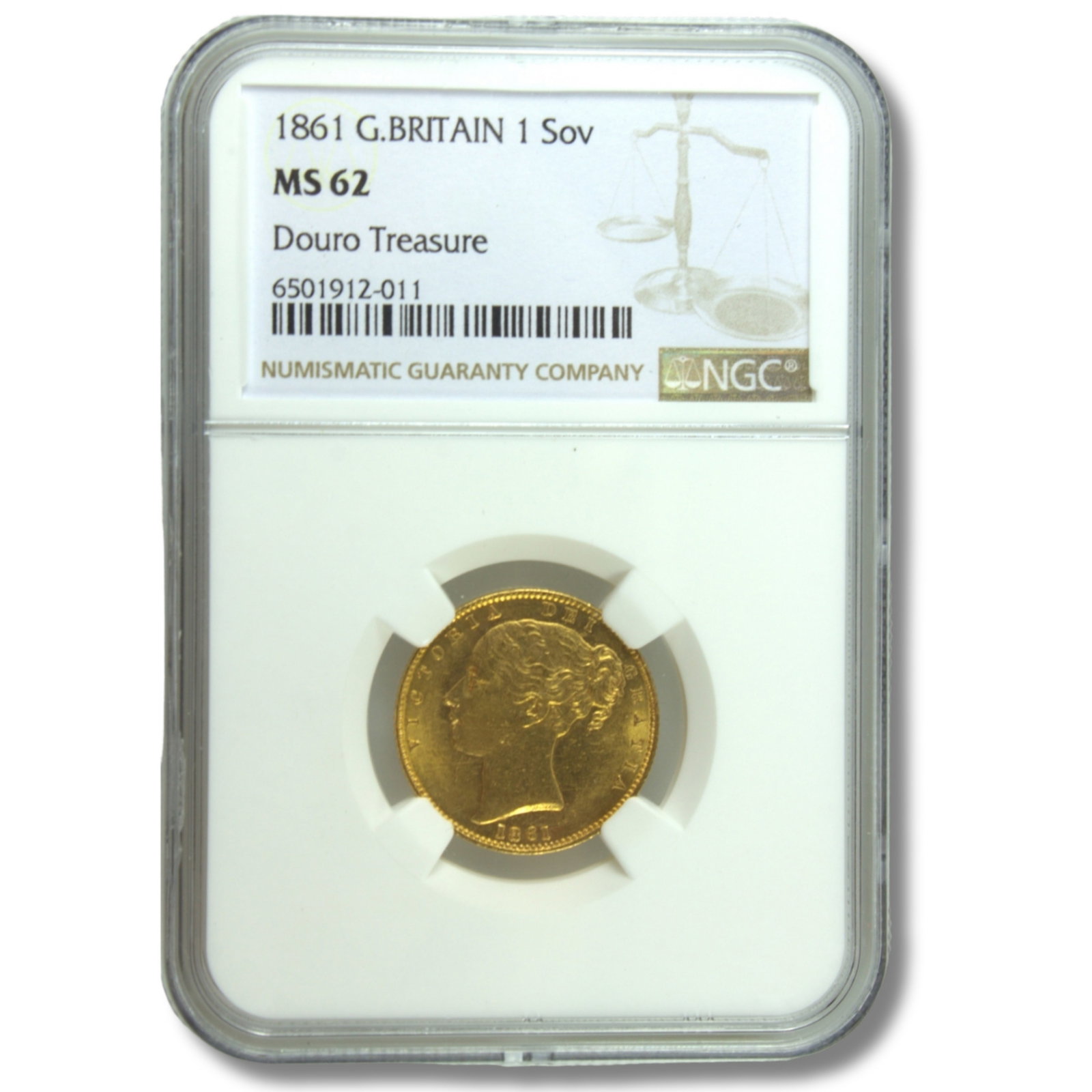 Great Britain 1861 'Shield' Gold (916) Sovereign, NGC MS62: 'Victoria' Size AGW 0.2354 Troy oz Medium Historical, Political & Space Exhibited General